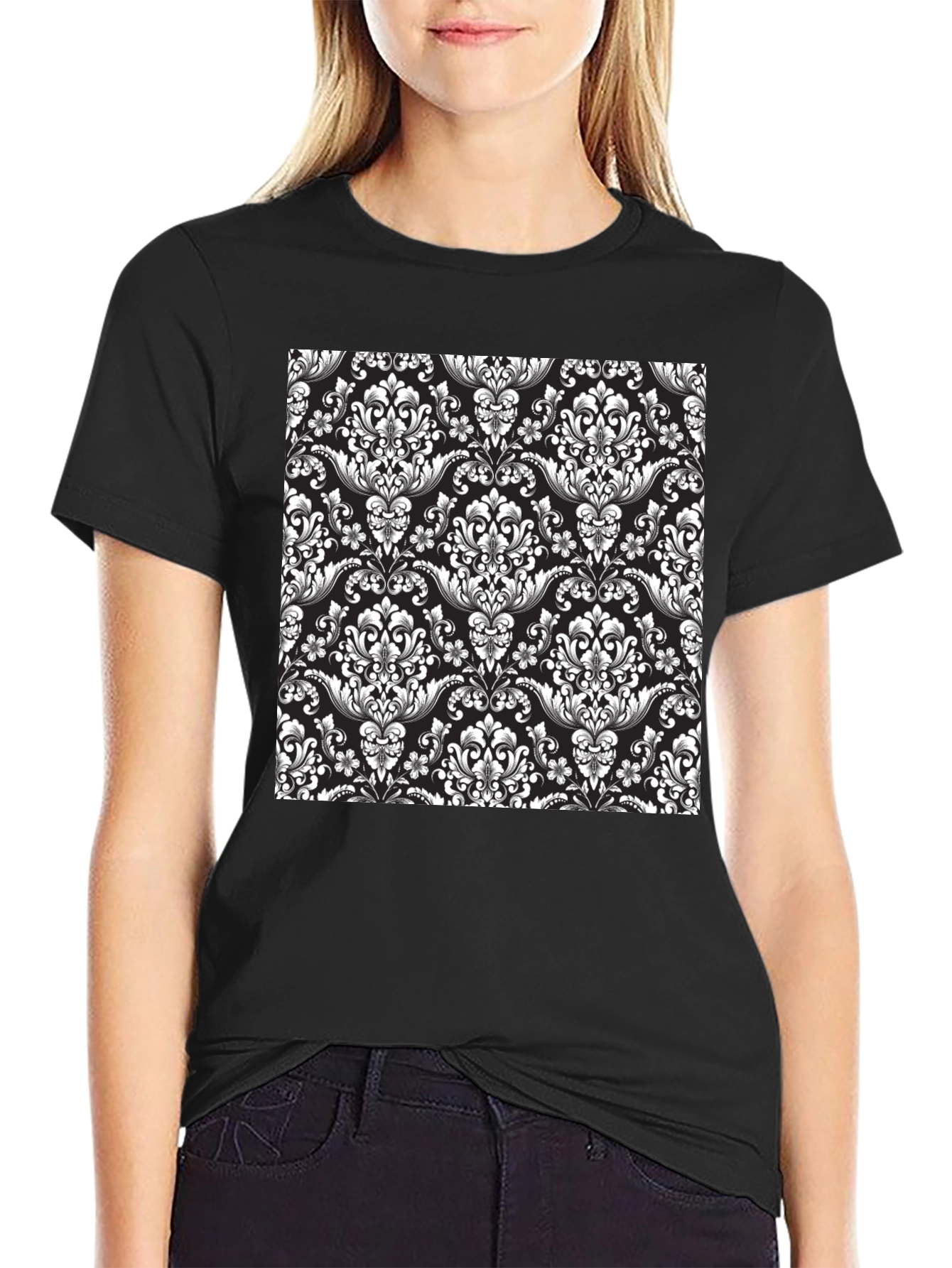 Elegant Black T-Shirt with Floral Damask Print