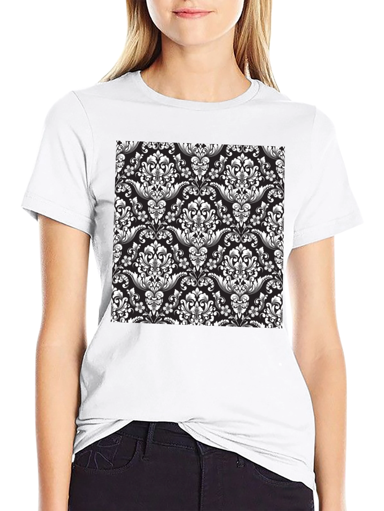 Elegant Black T-Shirt with Floral Damask Print