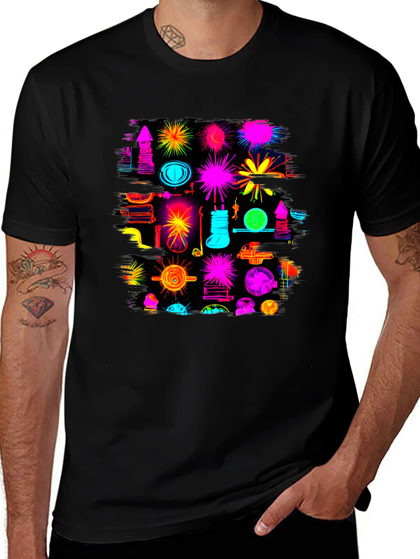 Abstract Neon Graphic Black T-Shirt