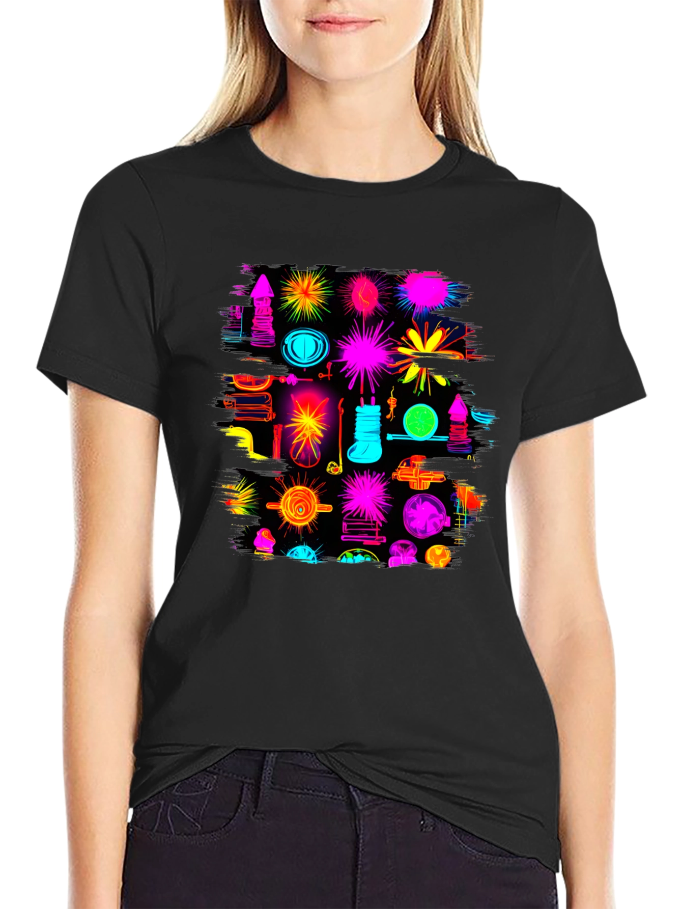 Abstract Neon Graphic Black T-Shirt