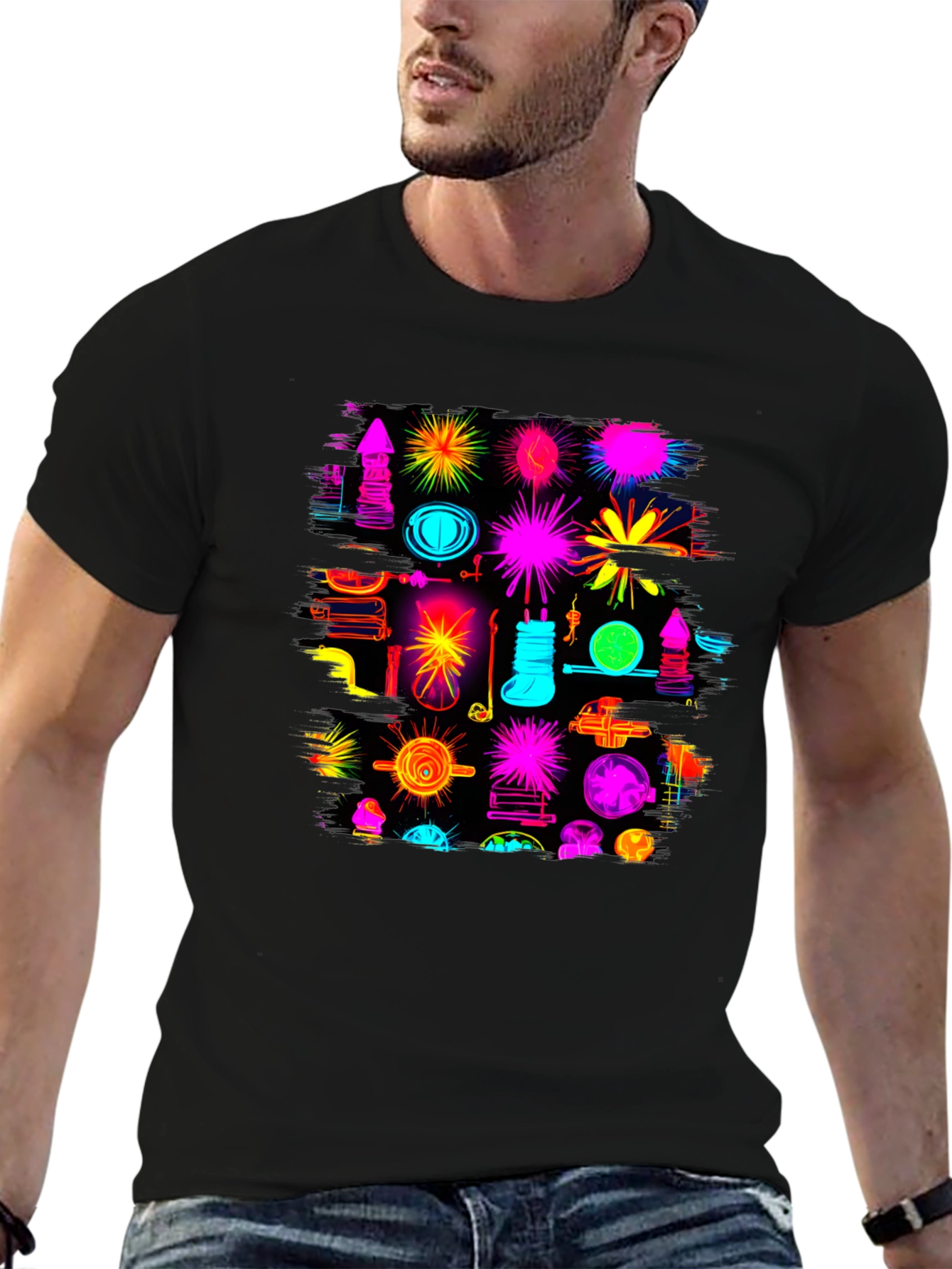 Abstract Neon Graphic Black T-Shirt