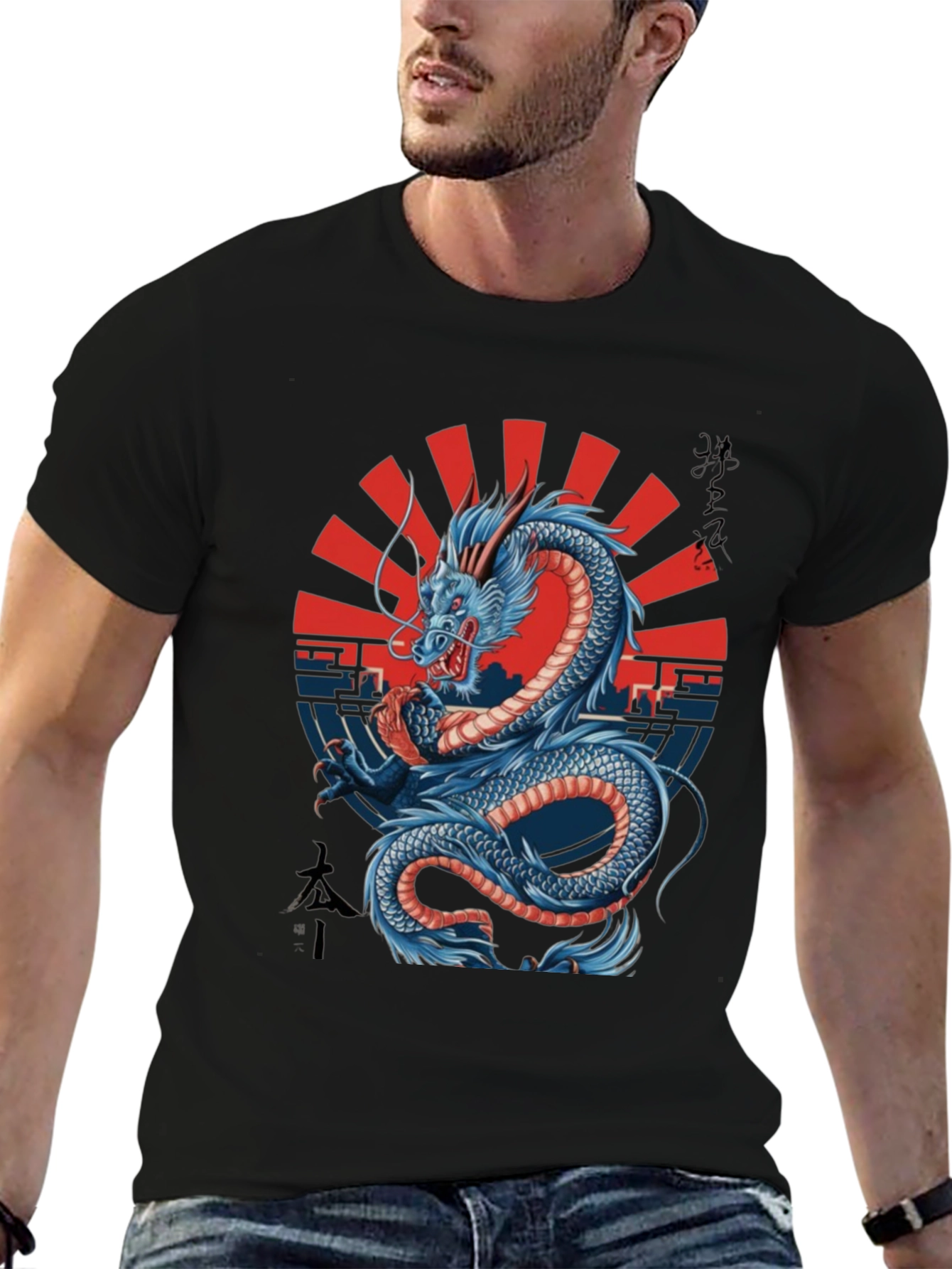 Dragon Graphic Black Tee - Japanese Art Style