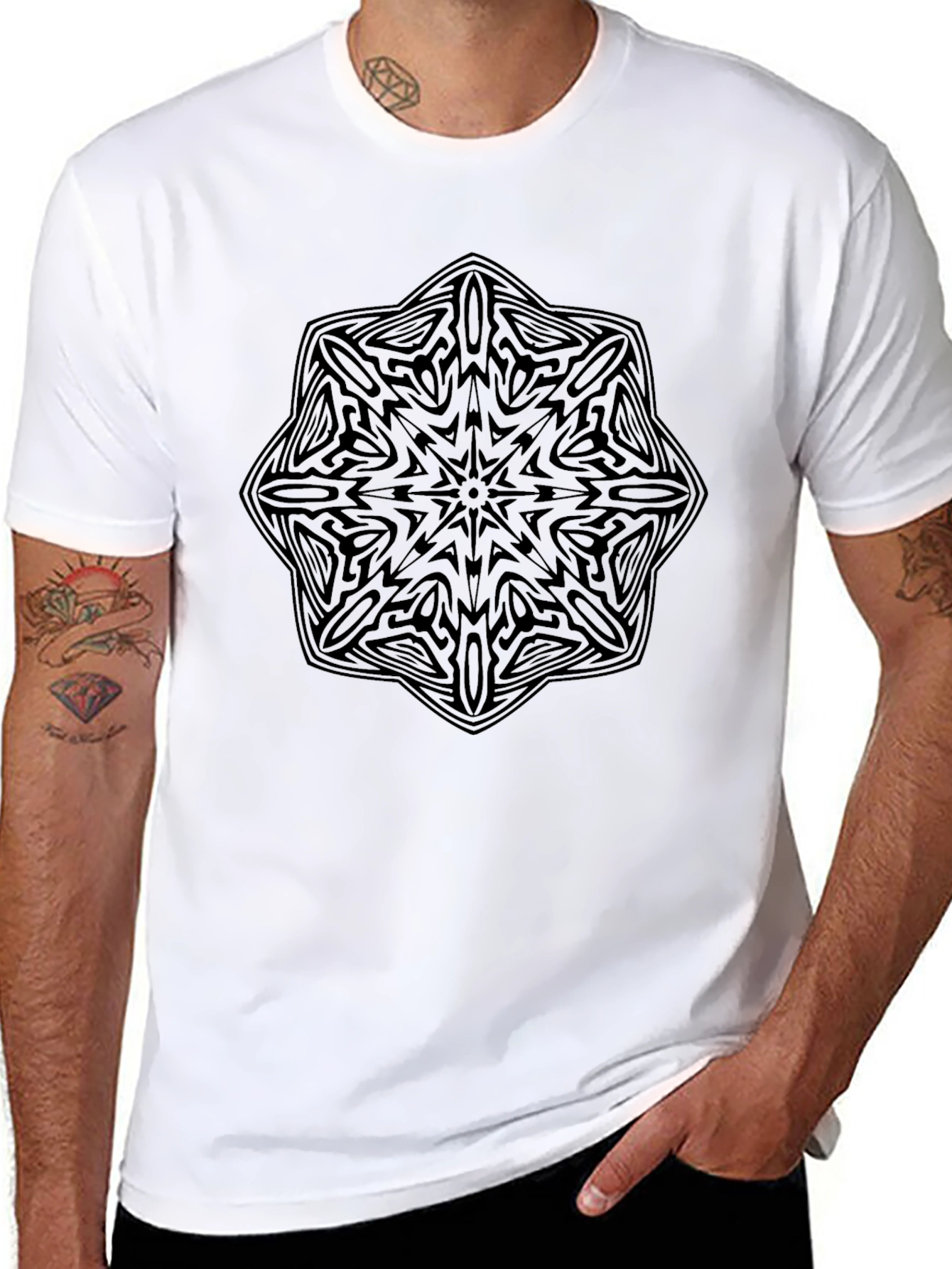 Black Geometric Mandala Graphic Tee - Mens Casual T-Shirt