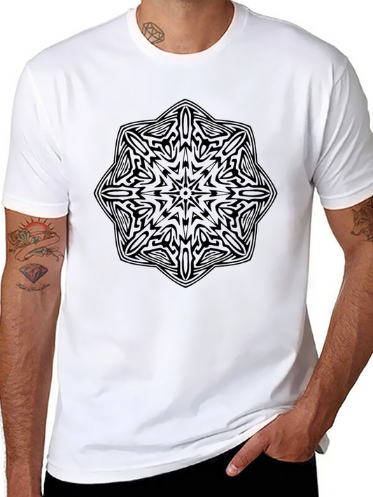Black Geometric Mandala Graphic Tee - Mens Casual T-Shirt