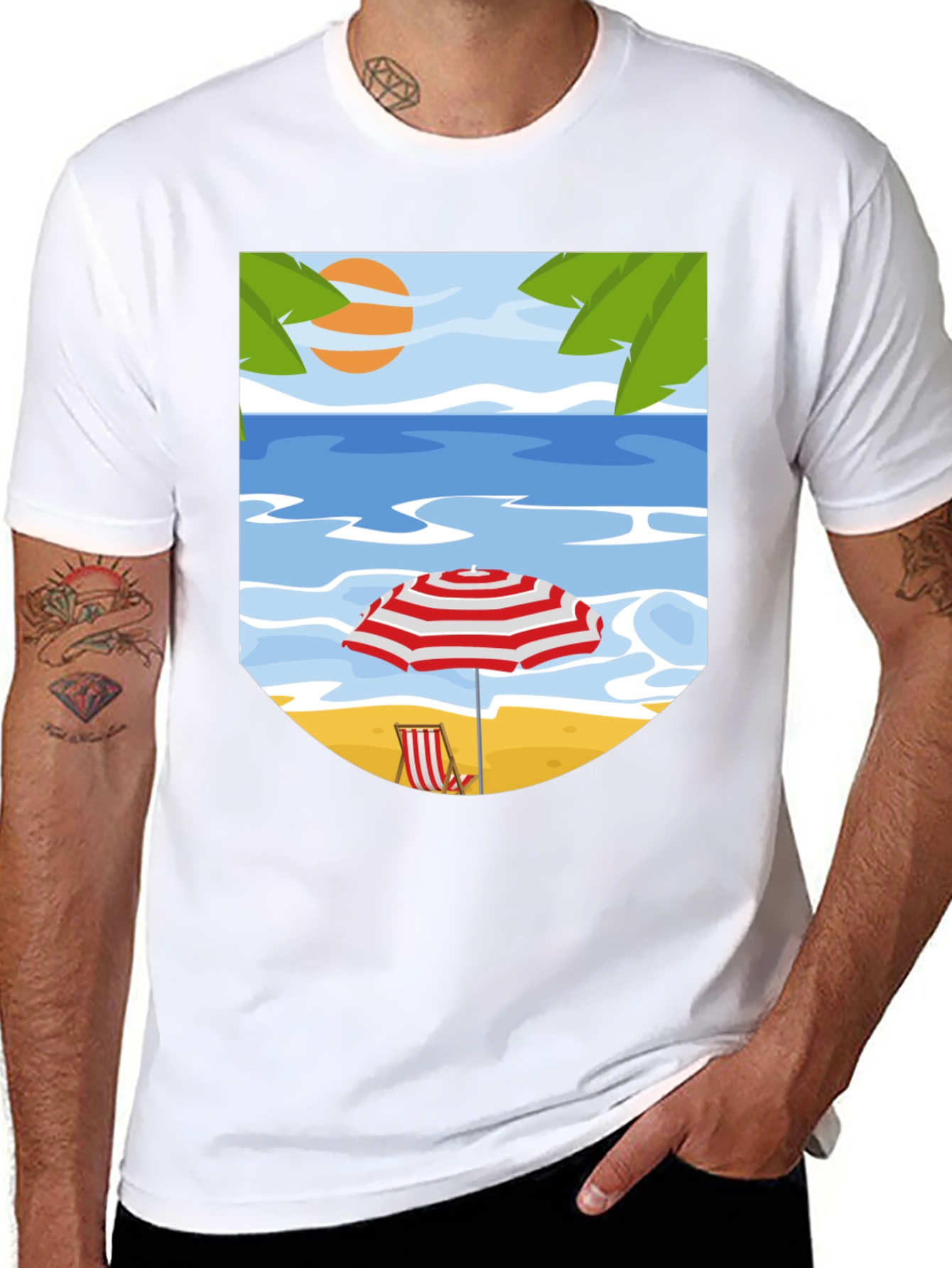 Beach Scene Graphic Tee - Black Cotton T-Shirt
