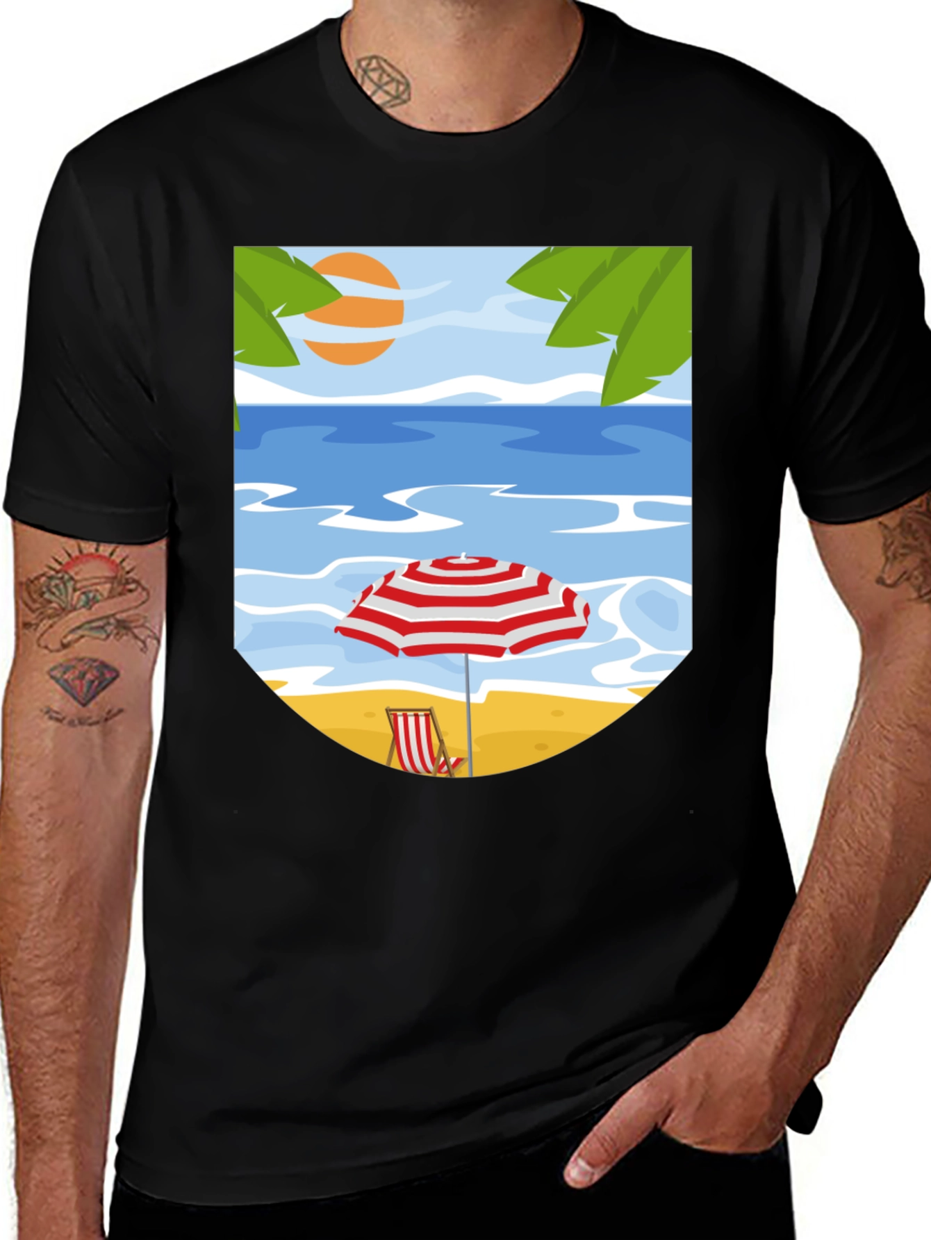Beach Scene Graphic Tee - Black Cotton T-Shirt