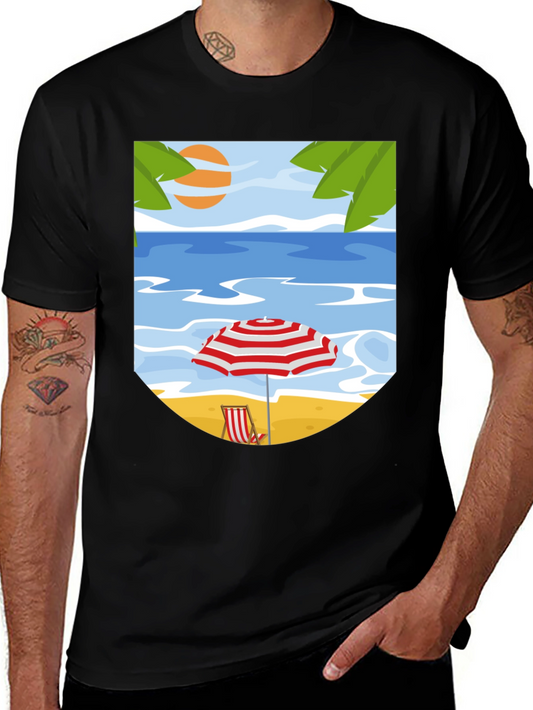 Beach Scene Graphic Tee - Black Cotton T-Shirt