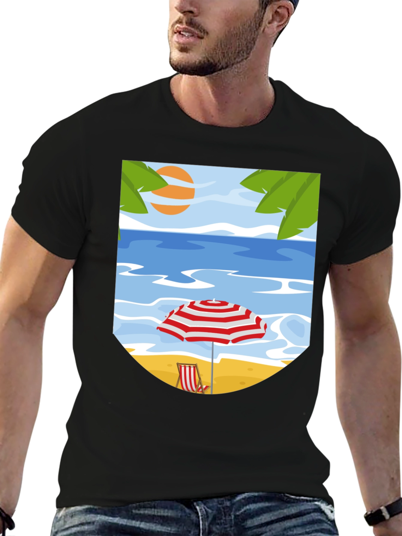 Beach Scene Graphic Tee - Black Cotton T-Shirt