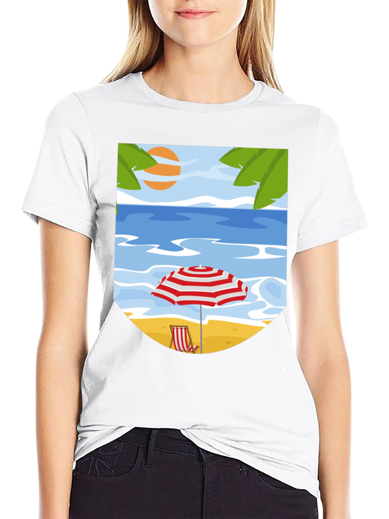 Beach Scene Graphic Tee - Black Cotton T-Shirt
