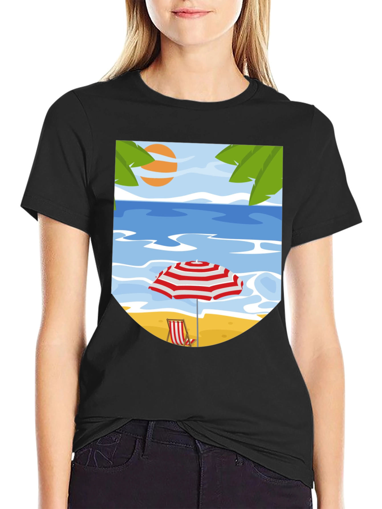 Beach Scene Graphic Tee - Black Cotton T-Shirt