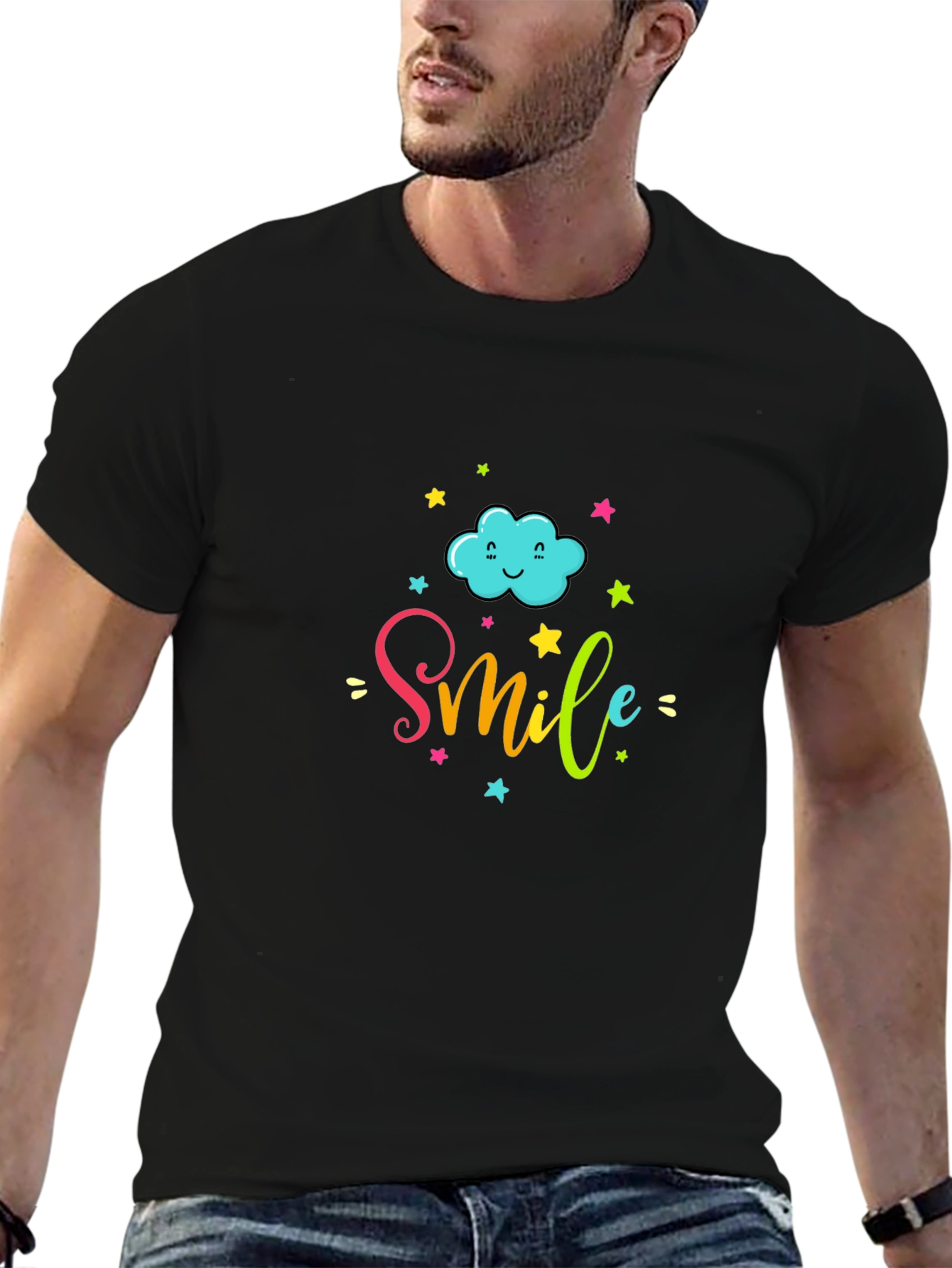 Smile Cloud Graphic Tee - Black Cotton T-Shirt