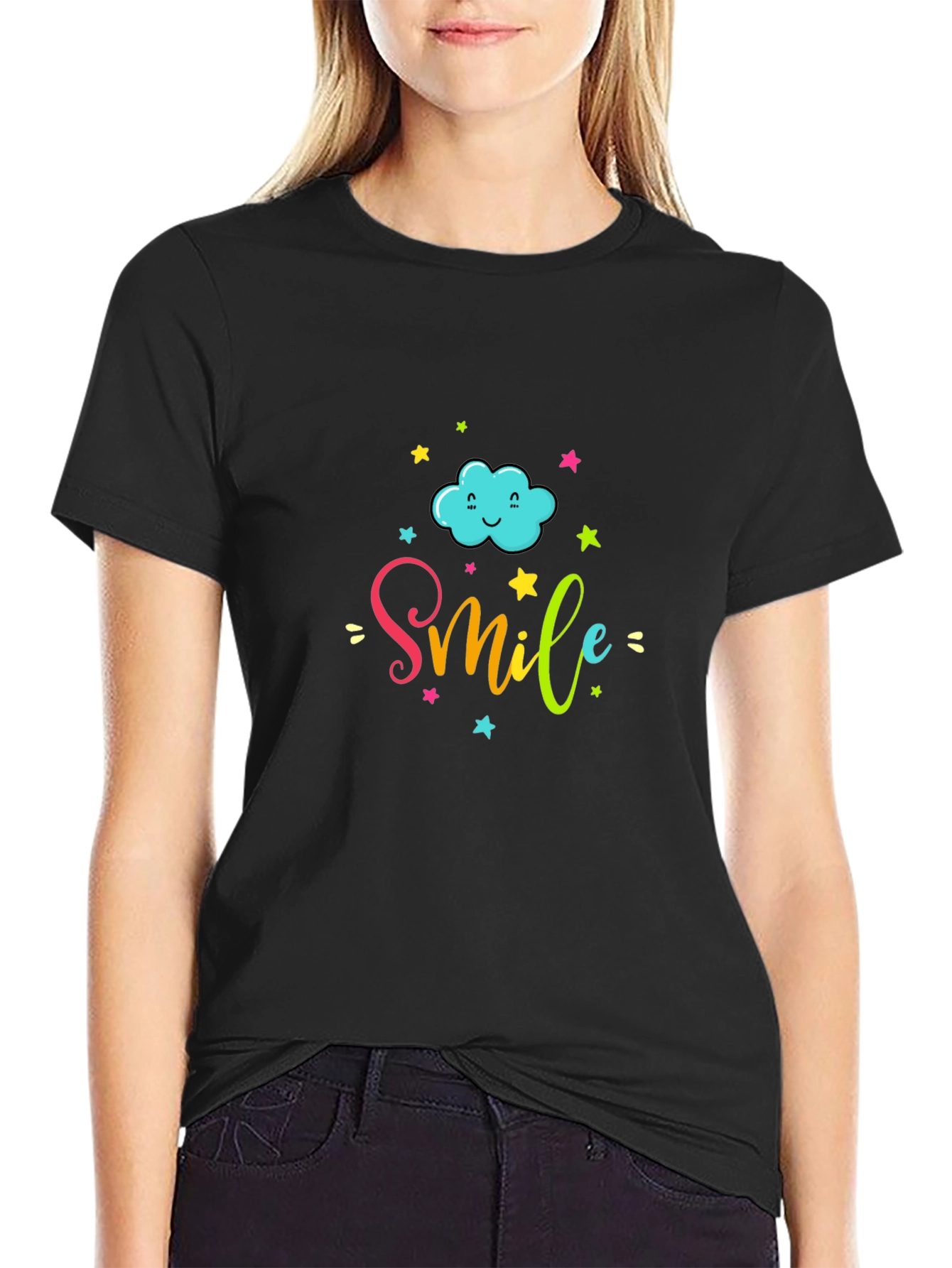 Smile Cloud Graphic Tee - Black Cotton T-Shirt