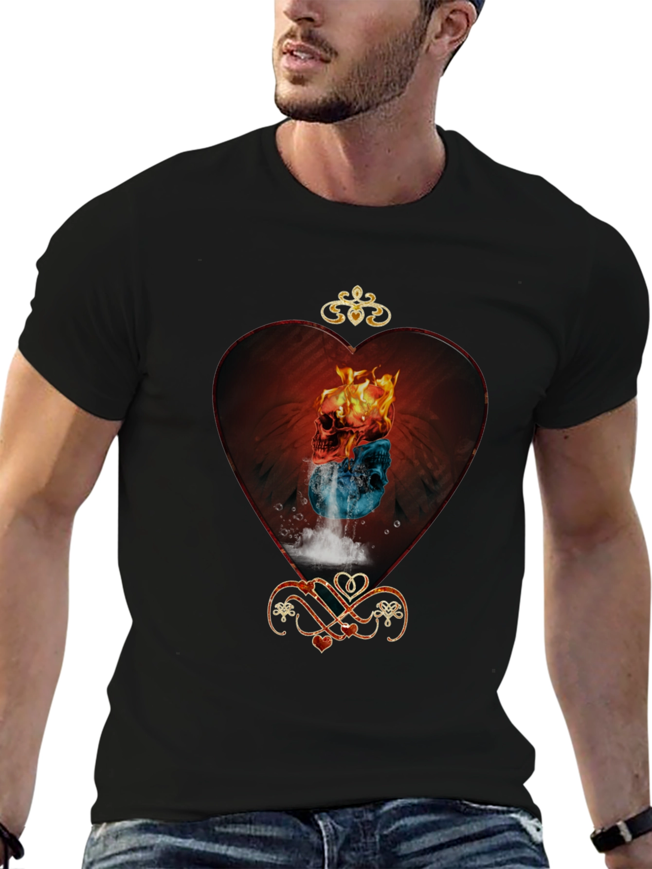 Fire and Ice Skull Heart Graphic Tee