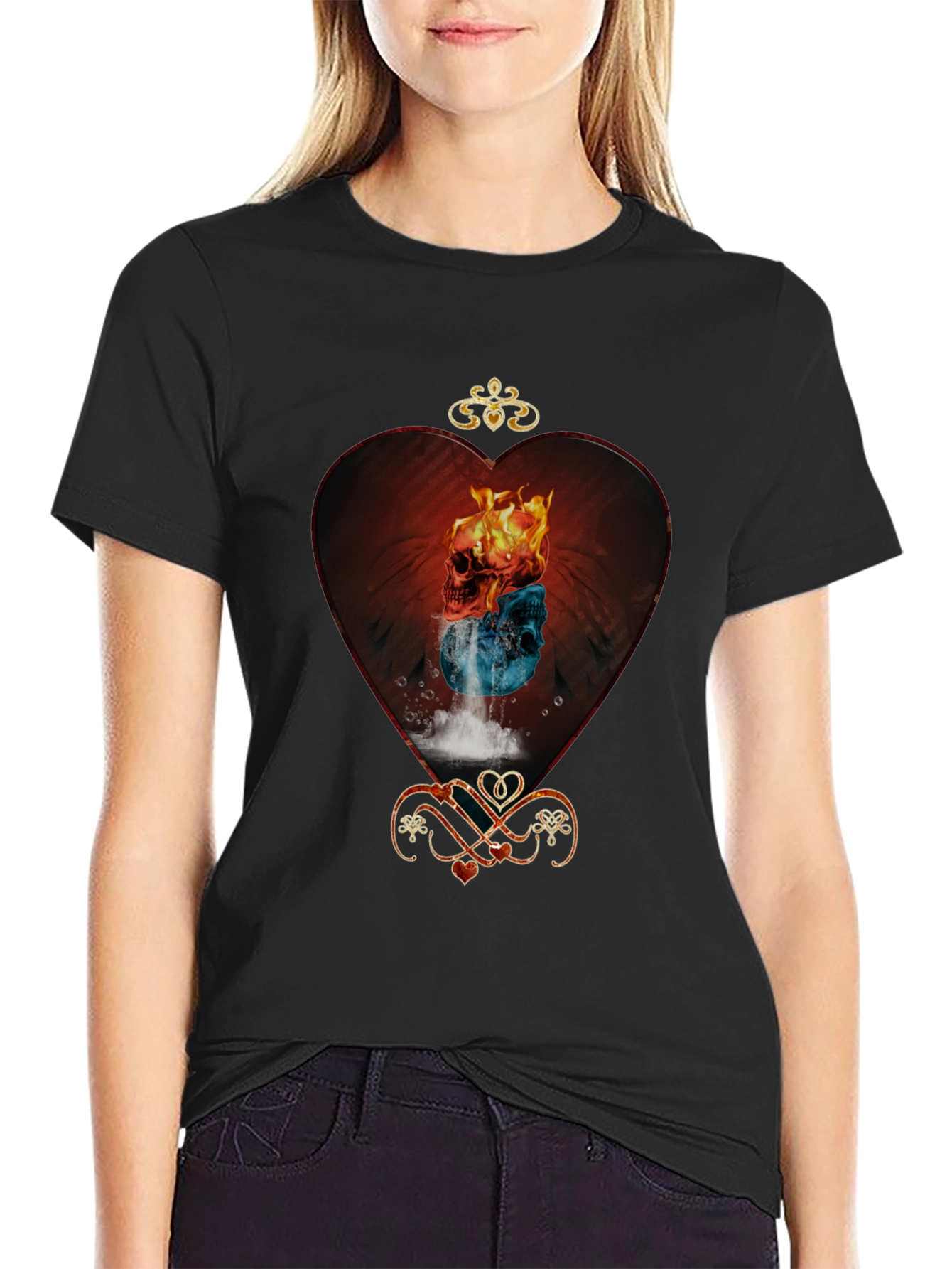 Fire and Ice Skull Heart Graphic Tee