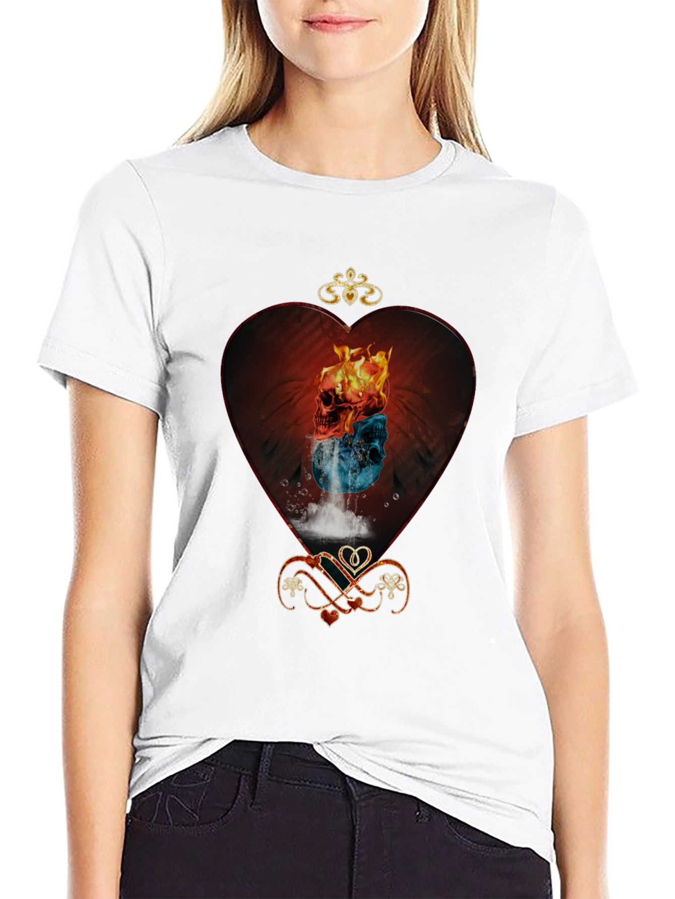 Fire and Ice Skull Heart Graphic Tee