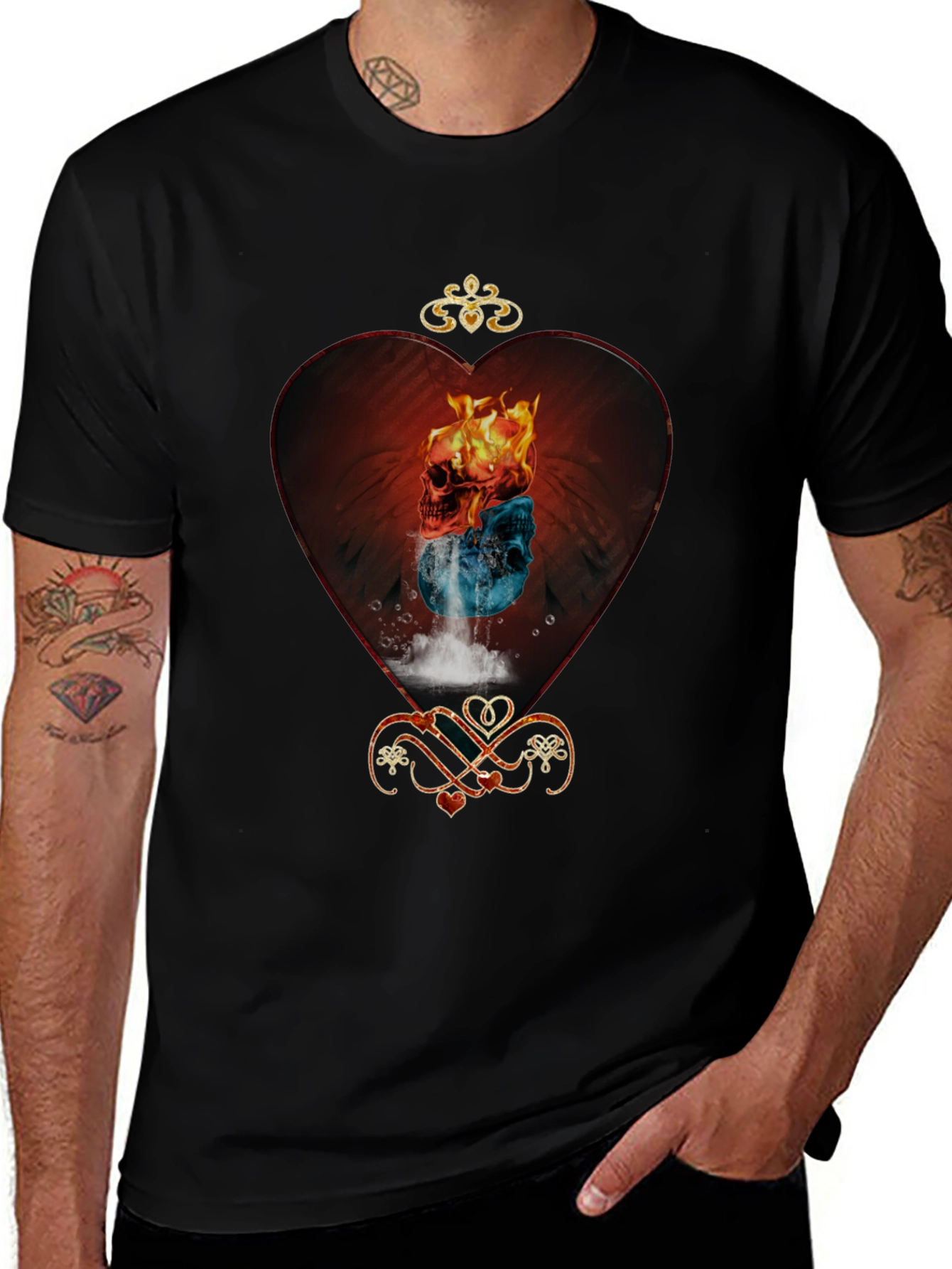 Fire and Ice Skull Heart Graphic Tee