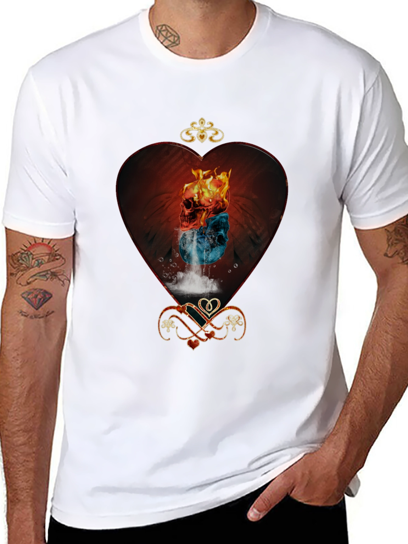 Fire and Ice Skull Heart Graphic Tee