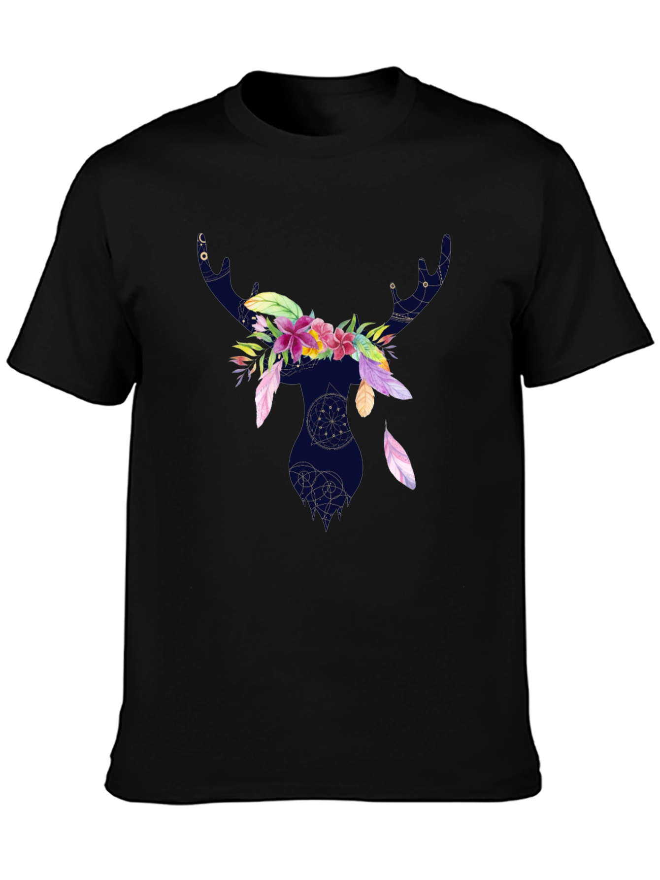 Floral Deer Silhouette T-Shirt - Black