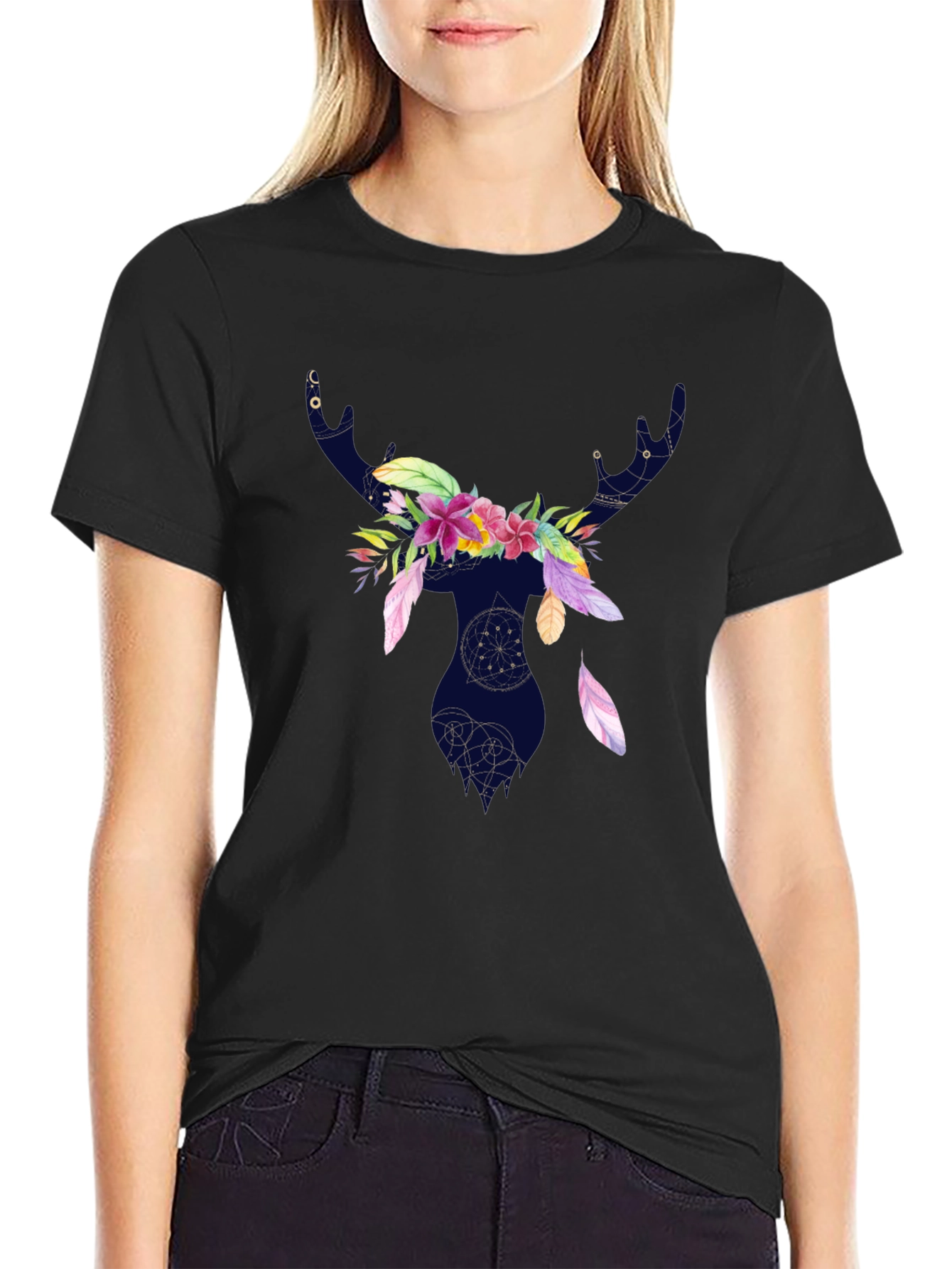 Floral Deer Silhouette T-Shirt - Black