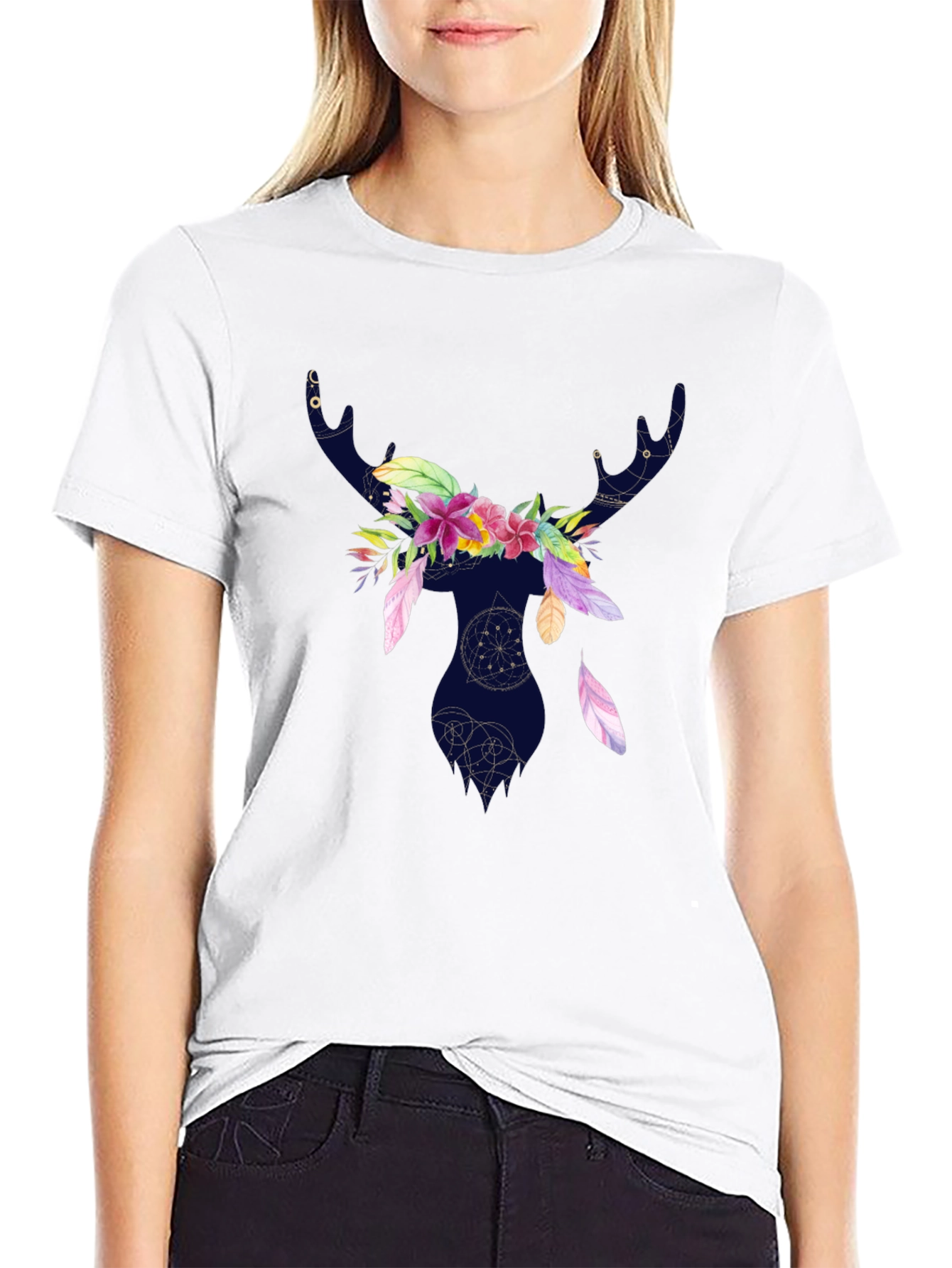 Floral Deer Silhouette T-Shirt - Black
