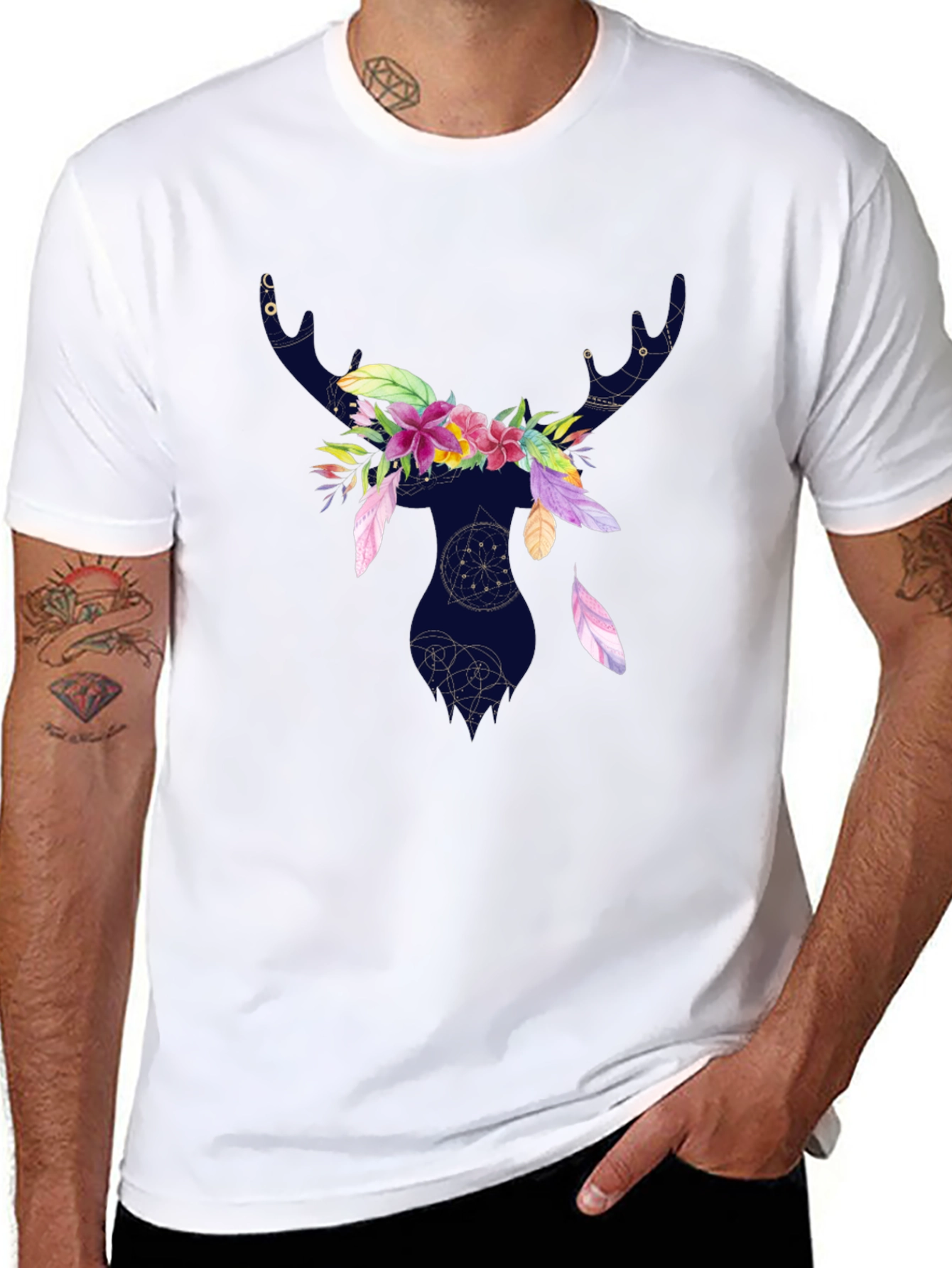 Floral Deer Silhouette T-Shirt - Black