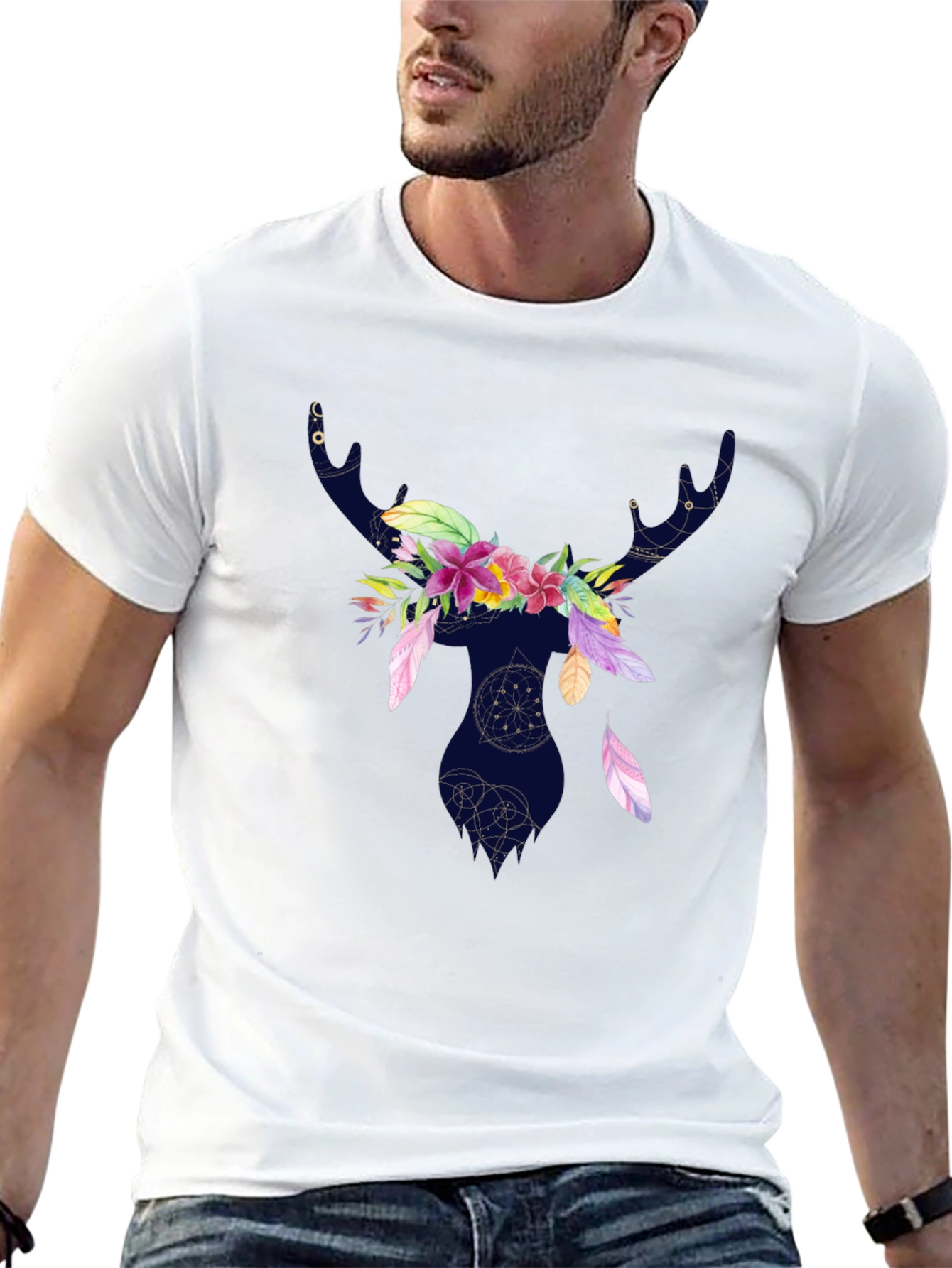 Floral Deer Silhouette T-Shirt - Black