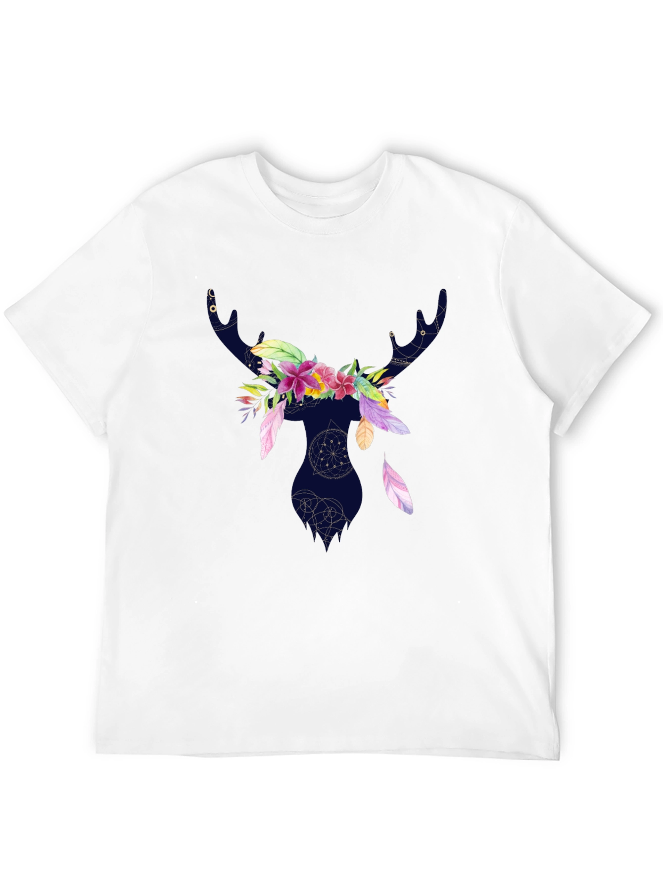 Floral Deer Silhouette T-Shirt - Black