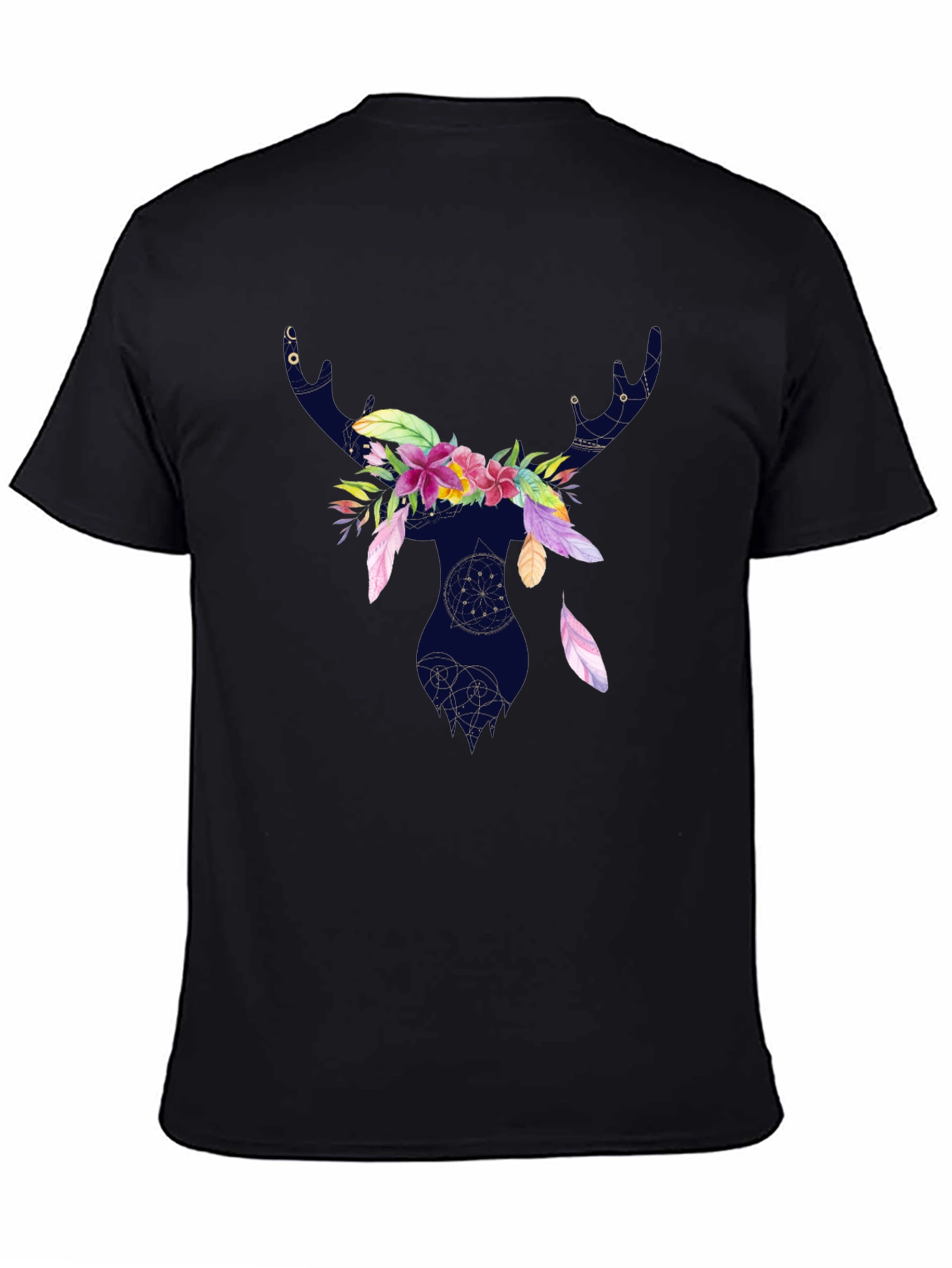 Floral Deer Silhouette T-Shirt - Black