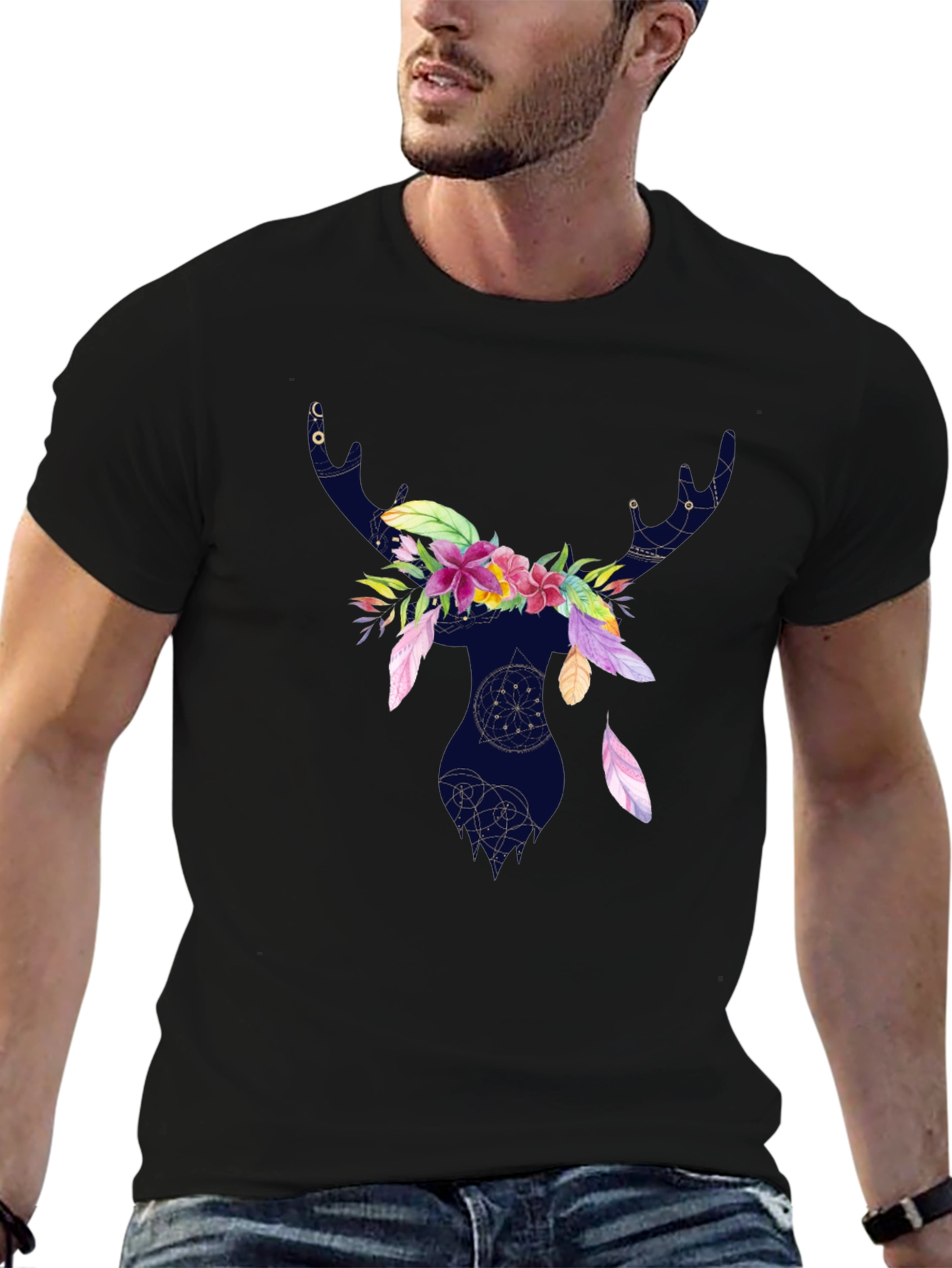 Floral Deer Silhouette T-Shirt - Black