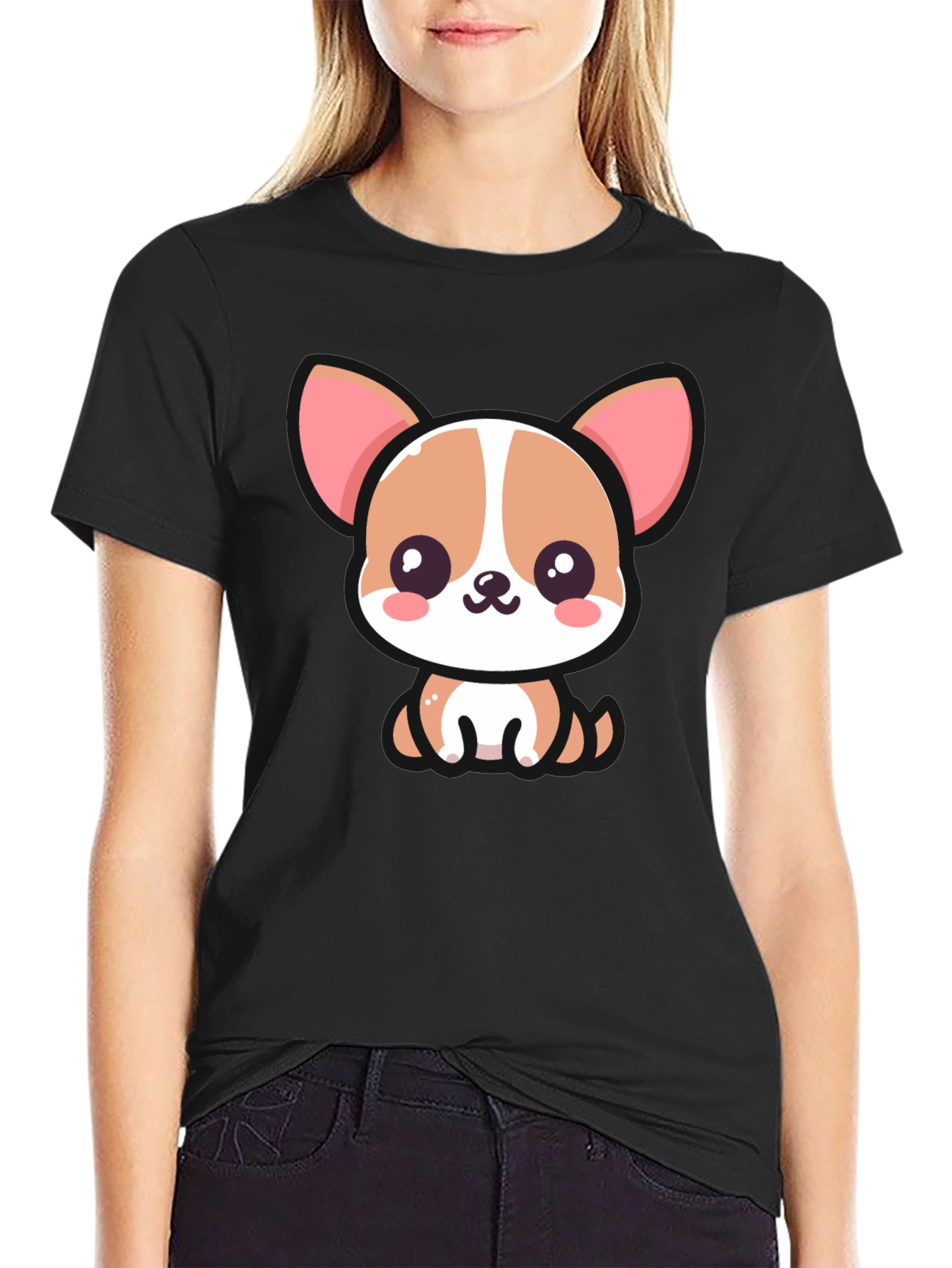 Cute Cartoon Dog Graphic Black T-Shirt
