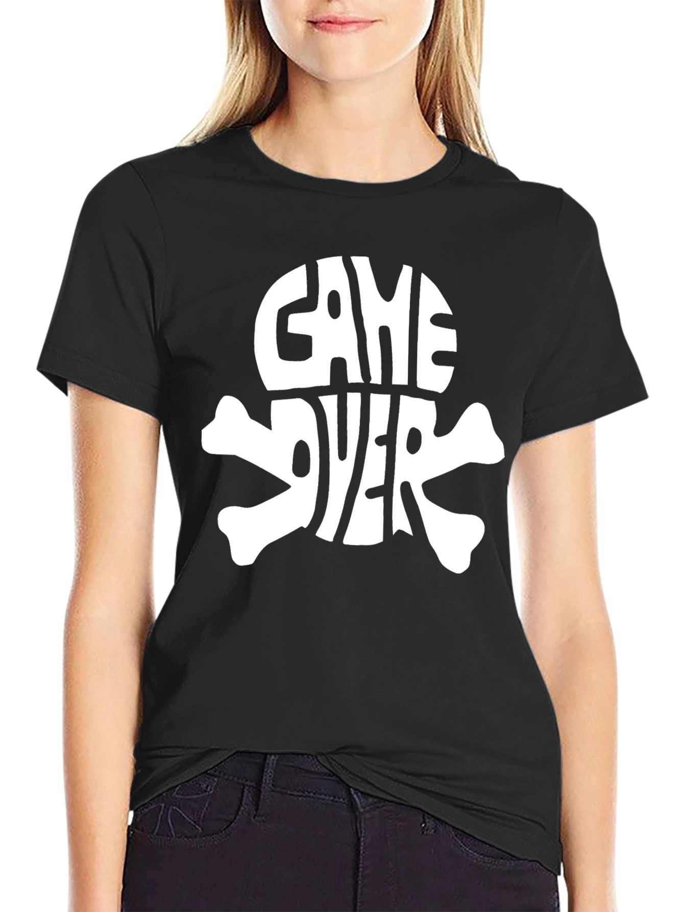 Game Over Skull Graphic Black T-Shirt