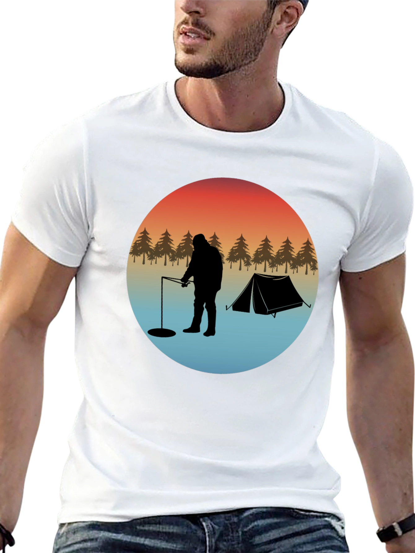 Ice Fishing Silhouette Graphic T-Shirt