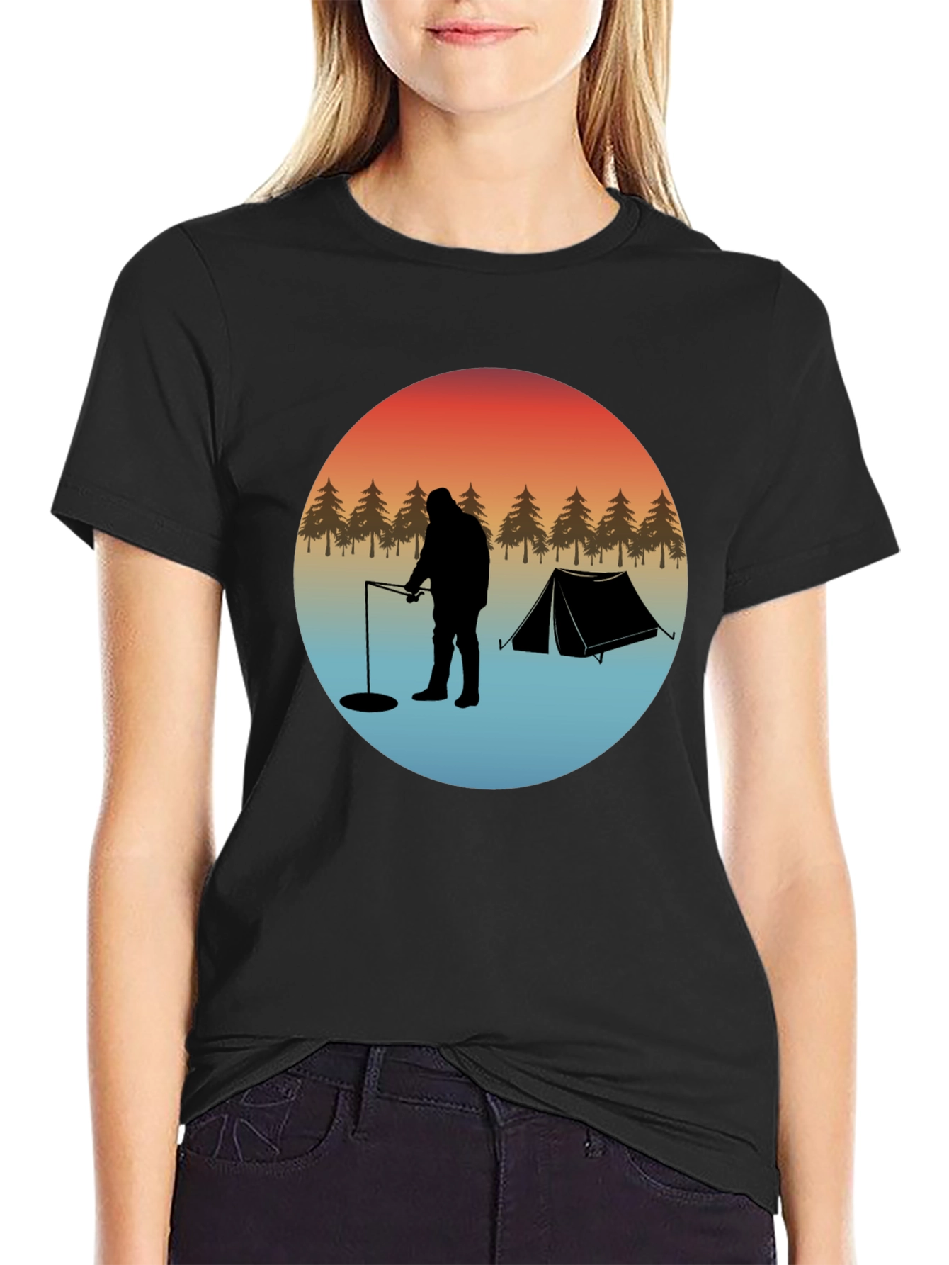 Ice Fishing Silhouette Graphic T-Shirt