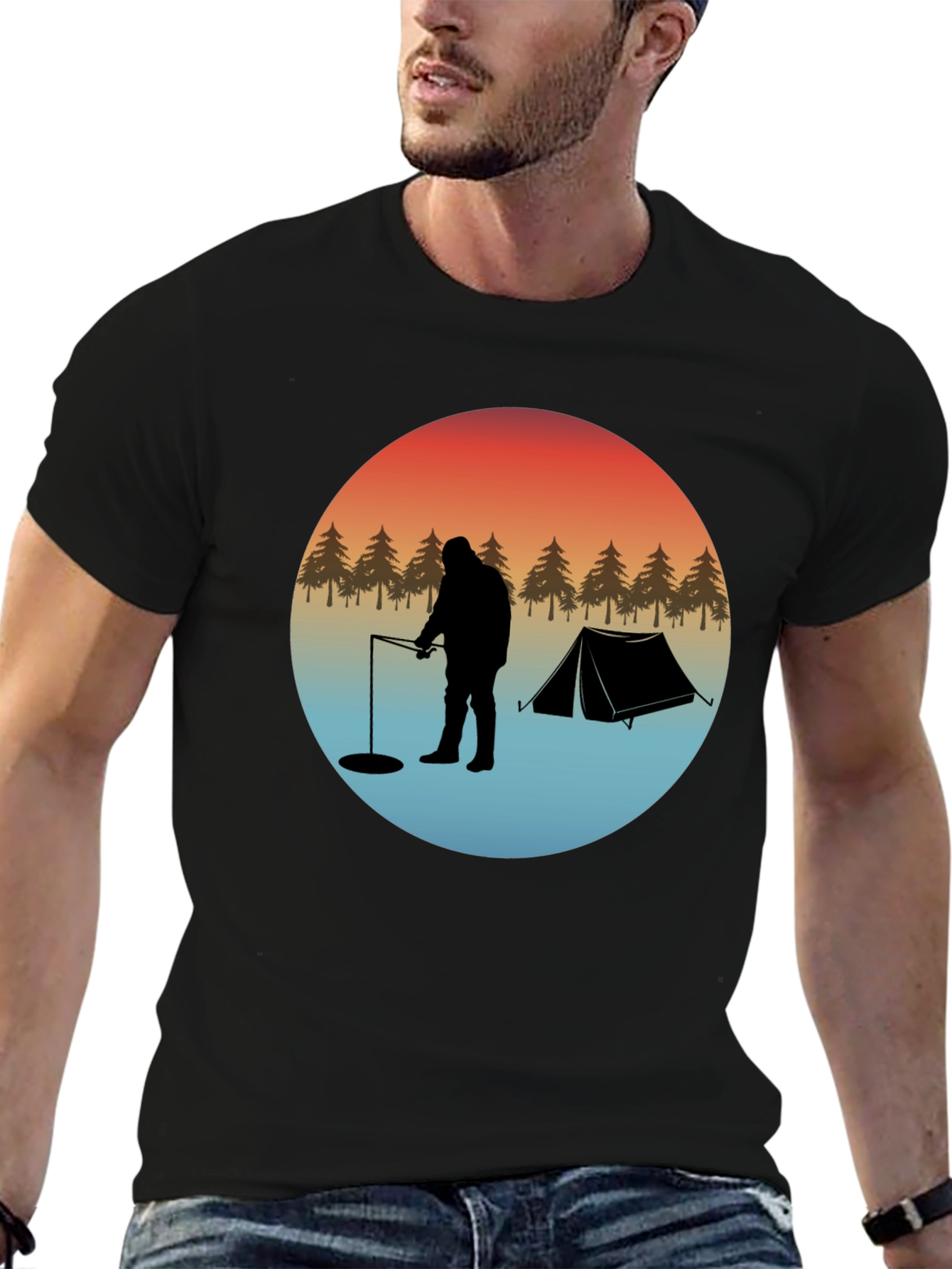 Ice Fishing Silhouette Graphic T-Shirt