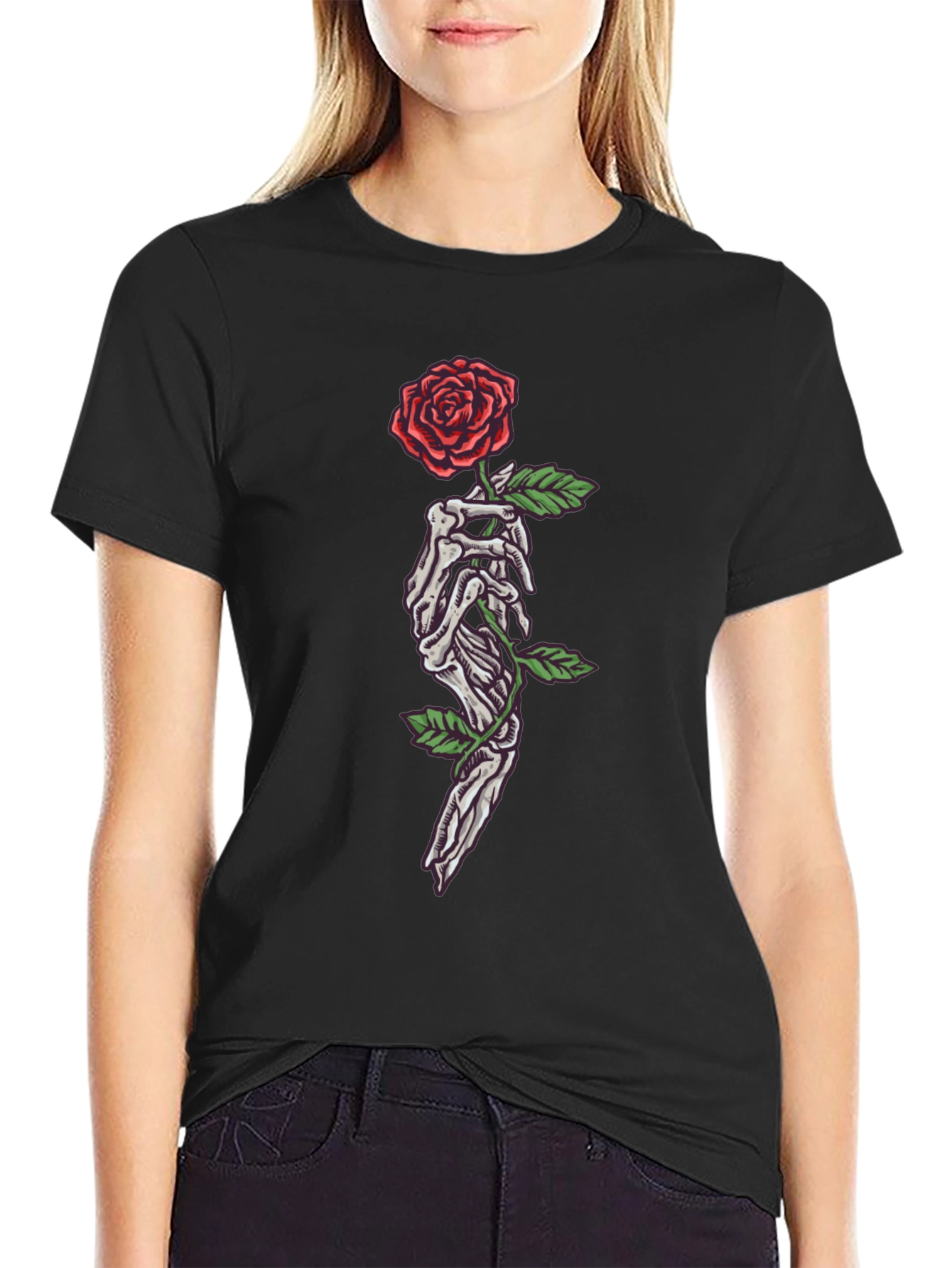 Skeleton Hand Rose Graphic T-Shirt