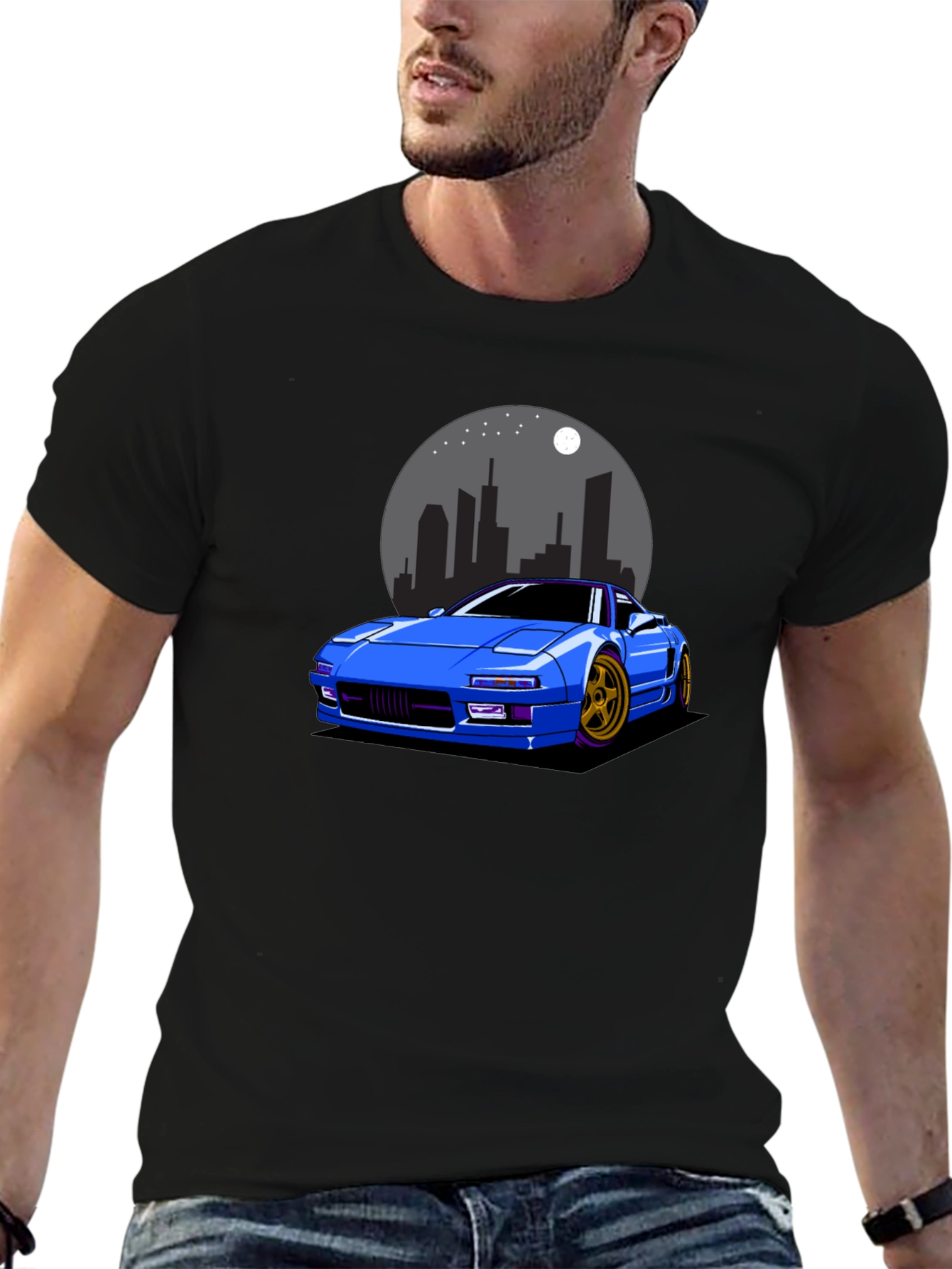 Blue Car Graphic Black T-Shirt