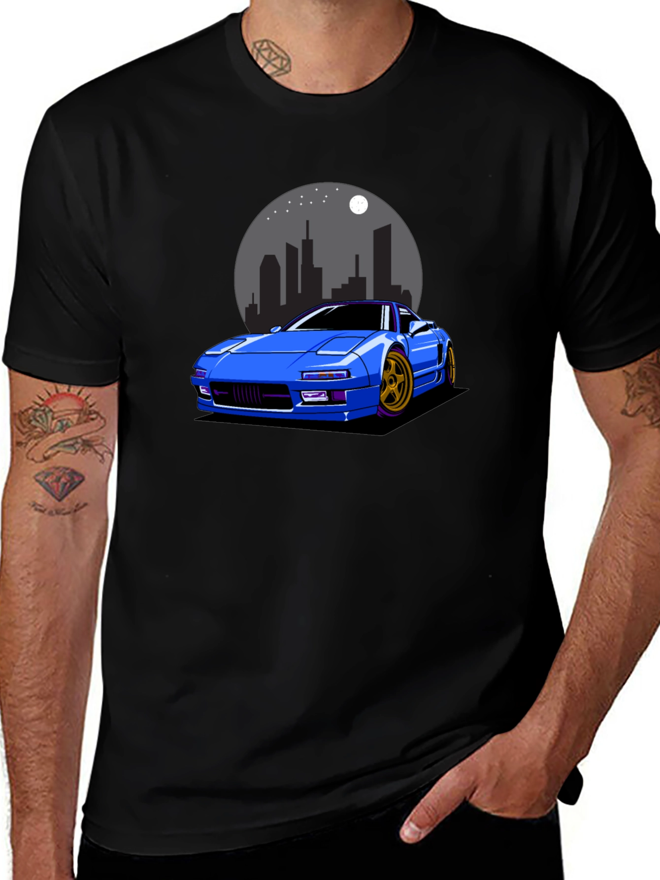 Blue Car Graphic Black T-Shirt