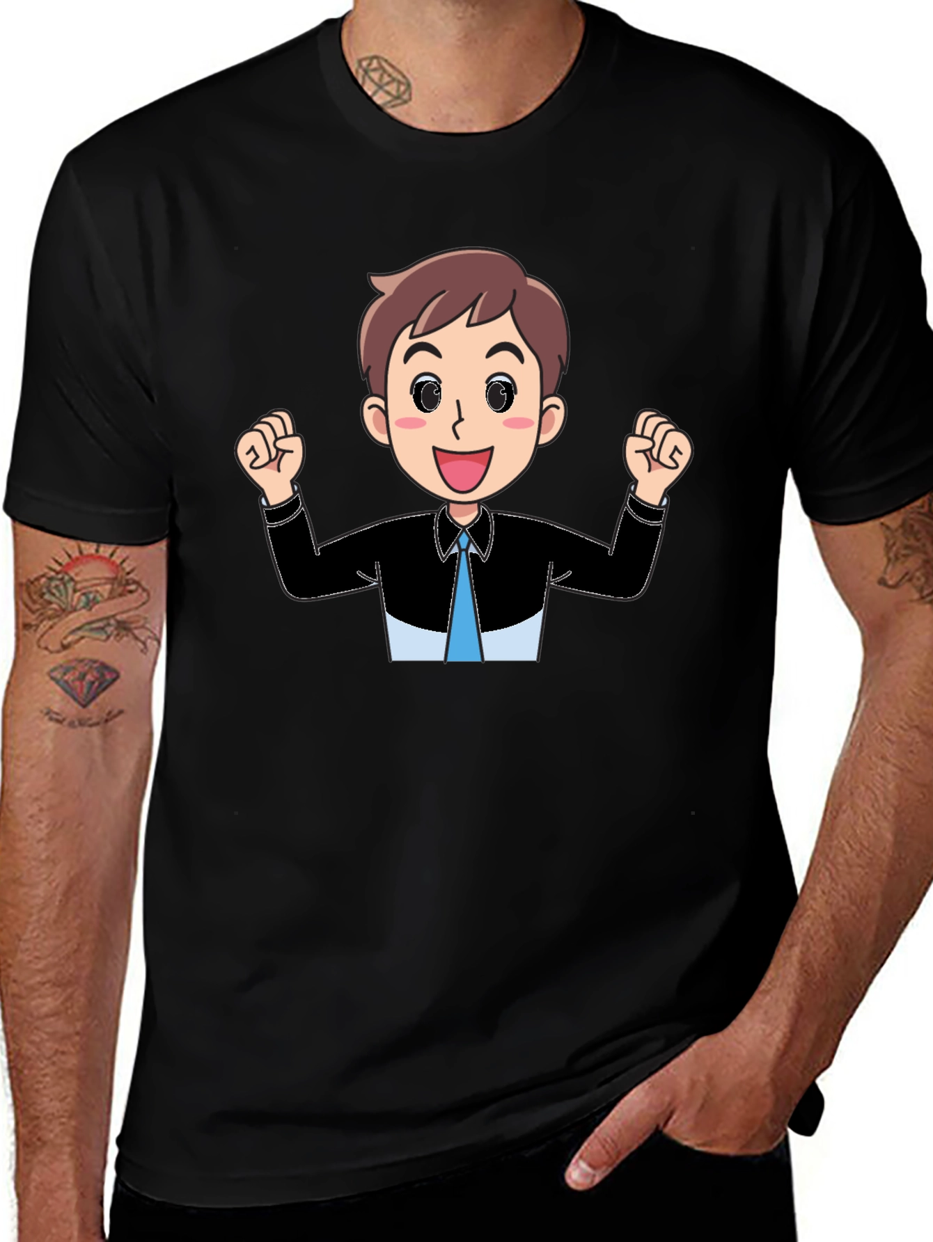 Cartoon Man Graphic Tee - Black Cotton T-Shirt