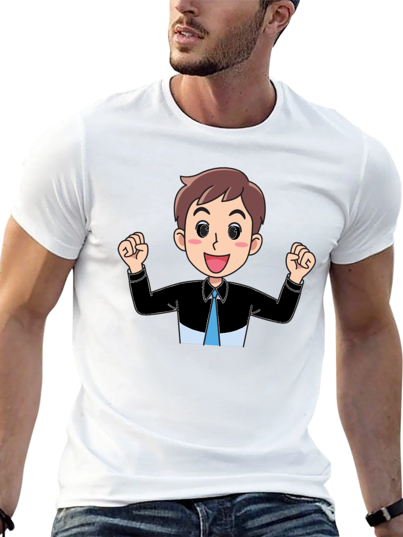 Cartoon Man Graphic Tee - Black Cotton T-Shirt