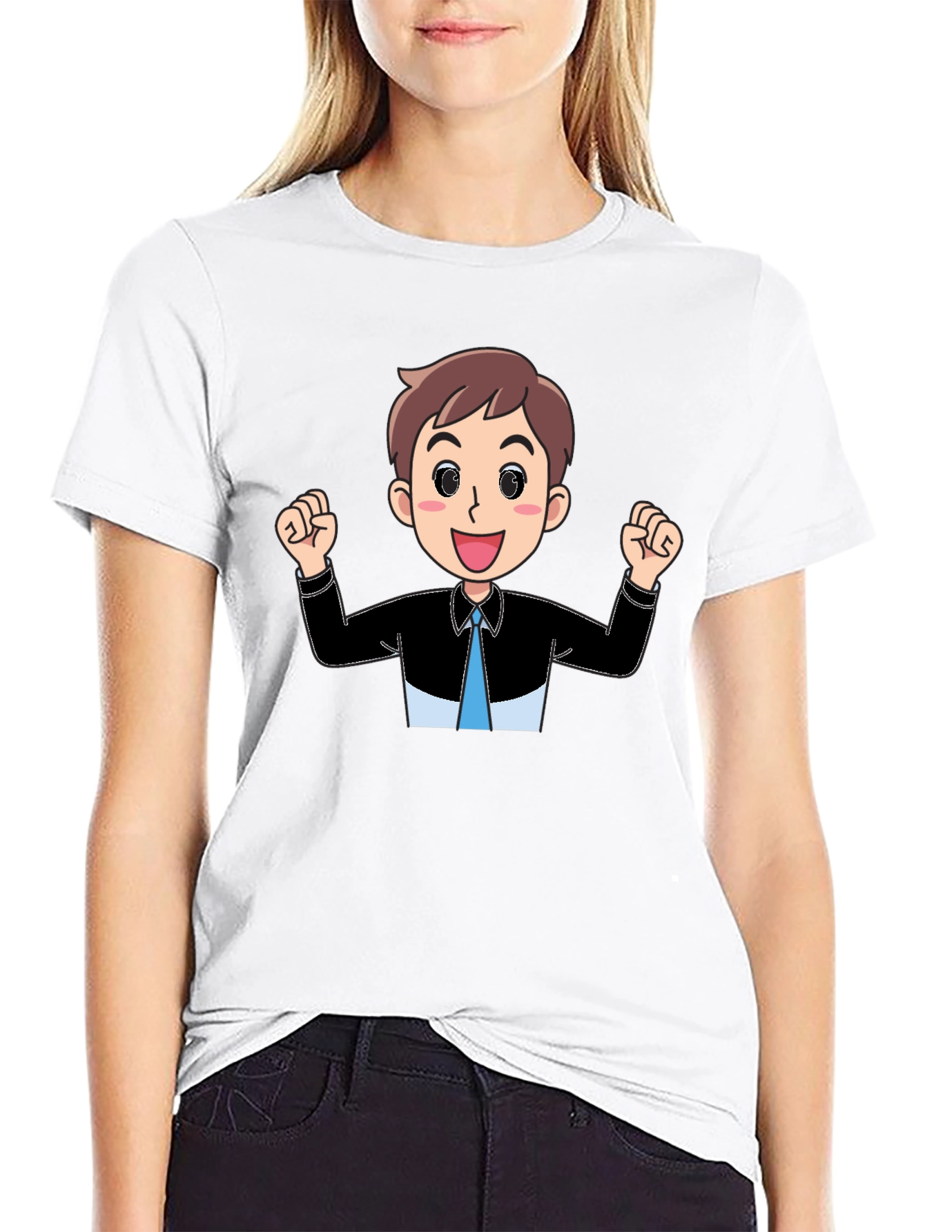 Cartoon Man Graphic Tee - Black Cotton T-Shirt