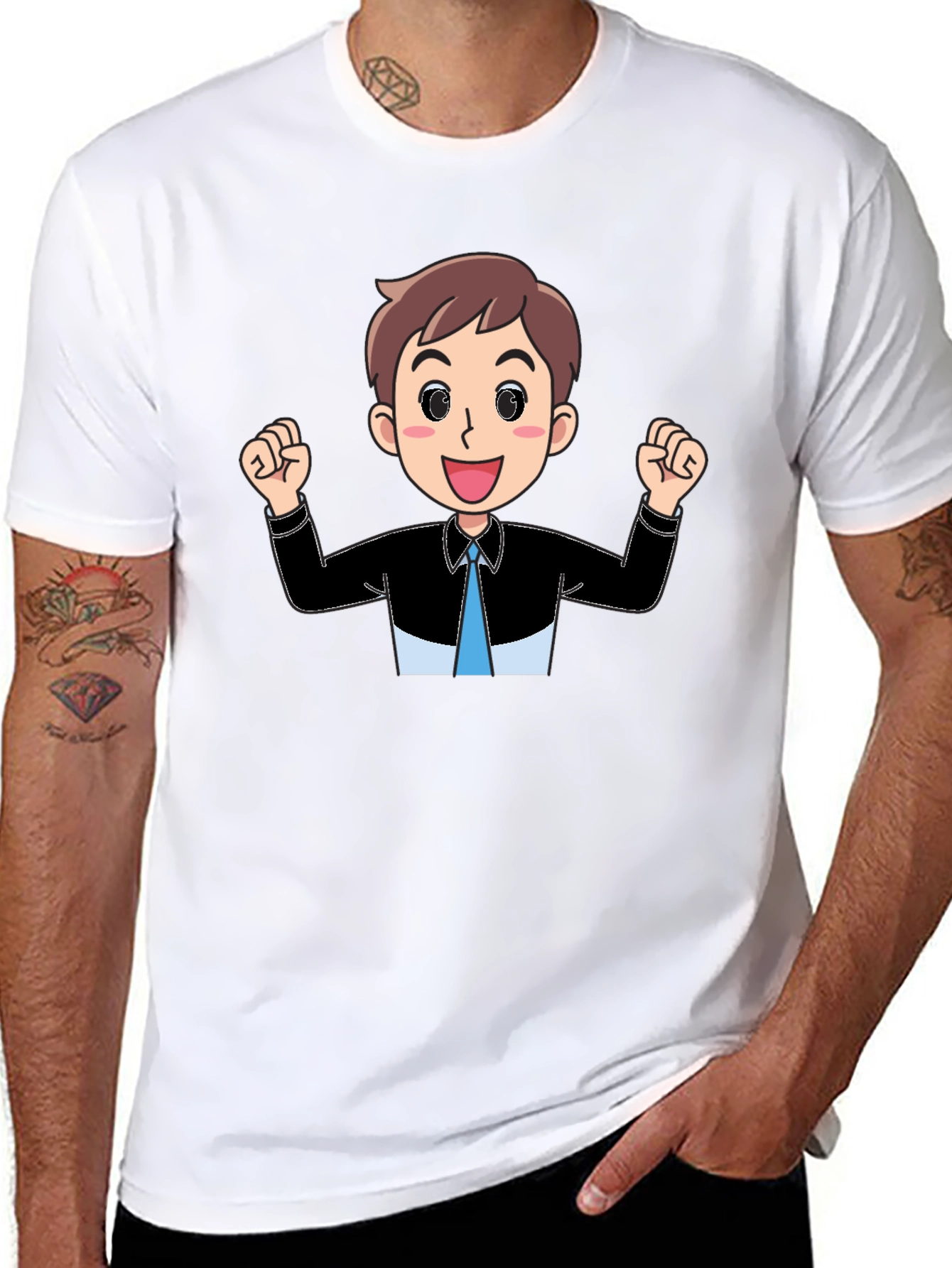 Cartoon Man Graphic Tee - Black Cotton T-Shirt