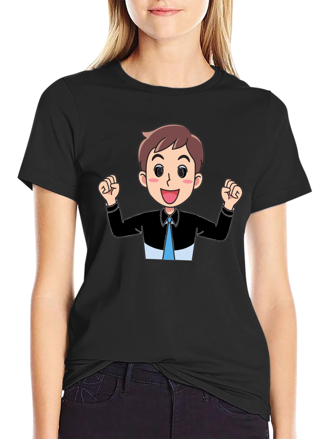 Cartoon Man Graphic Tee - Black Cotton T-Shirt
