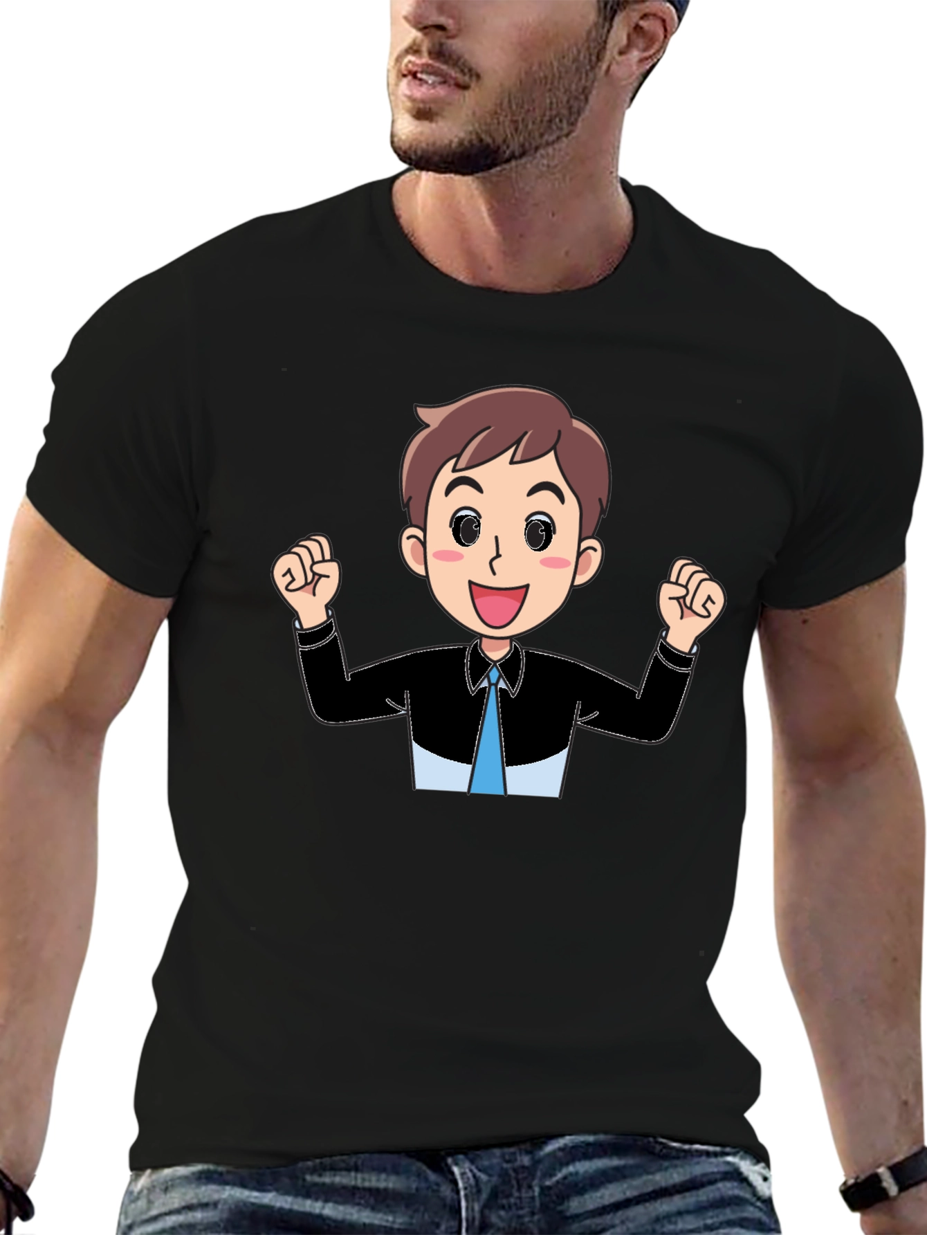 Cartoon Man Graphic Tee - Black Cotton T-Shirt