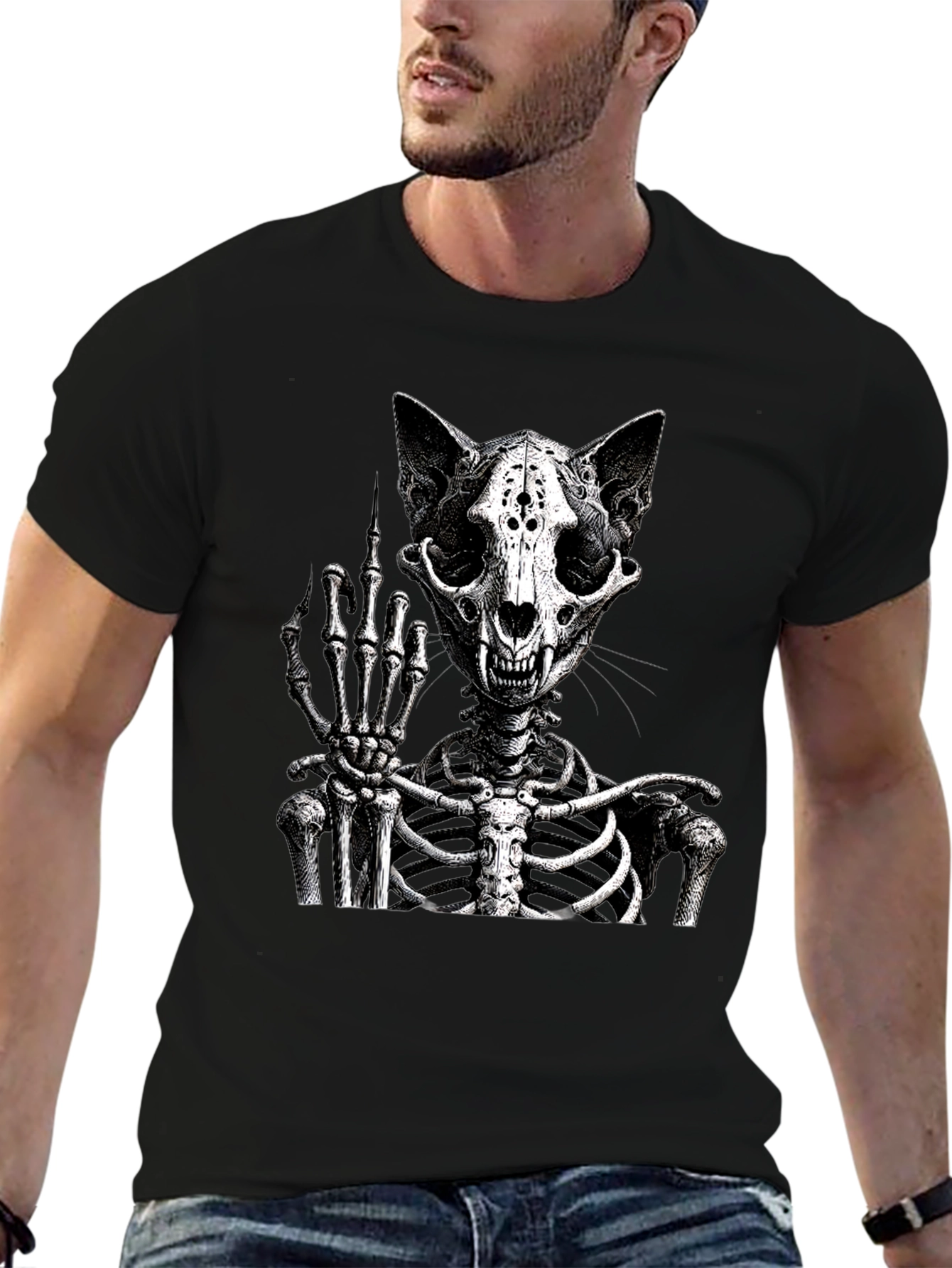 Cat Skeleton T-Shirt Flipping The Bird
