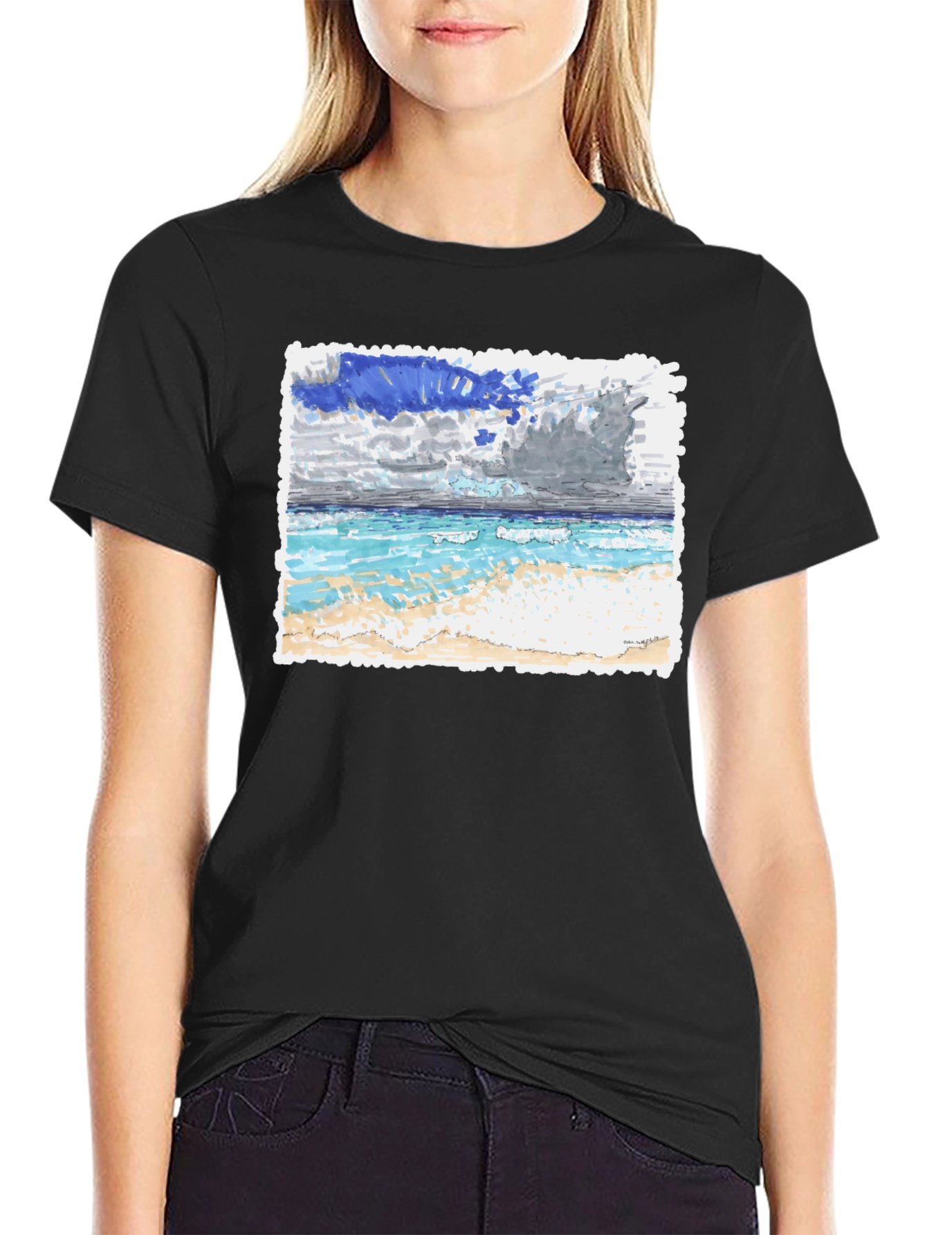 Beach Scene Graphic Tee - Black