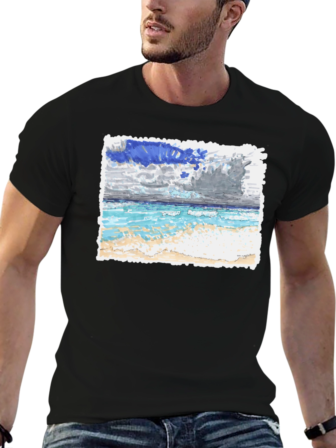 Beach Scene Graphic Tee - Black