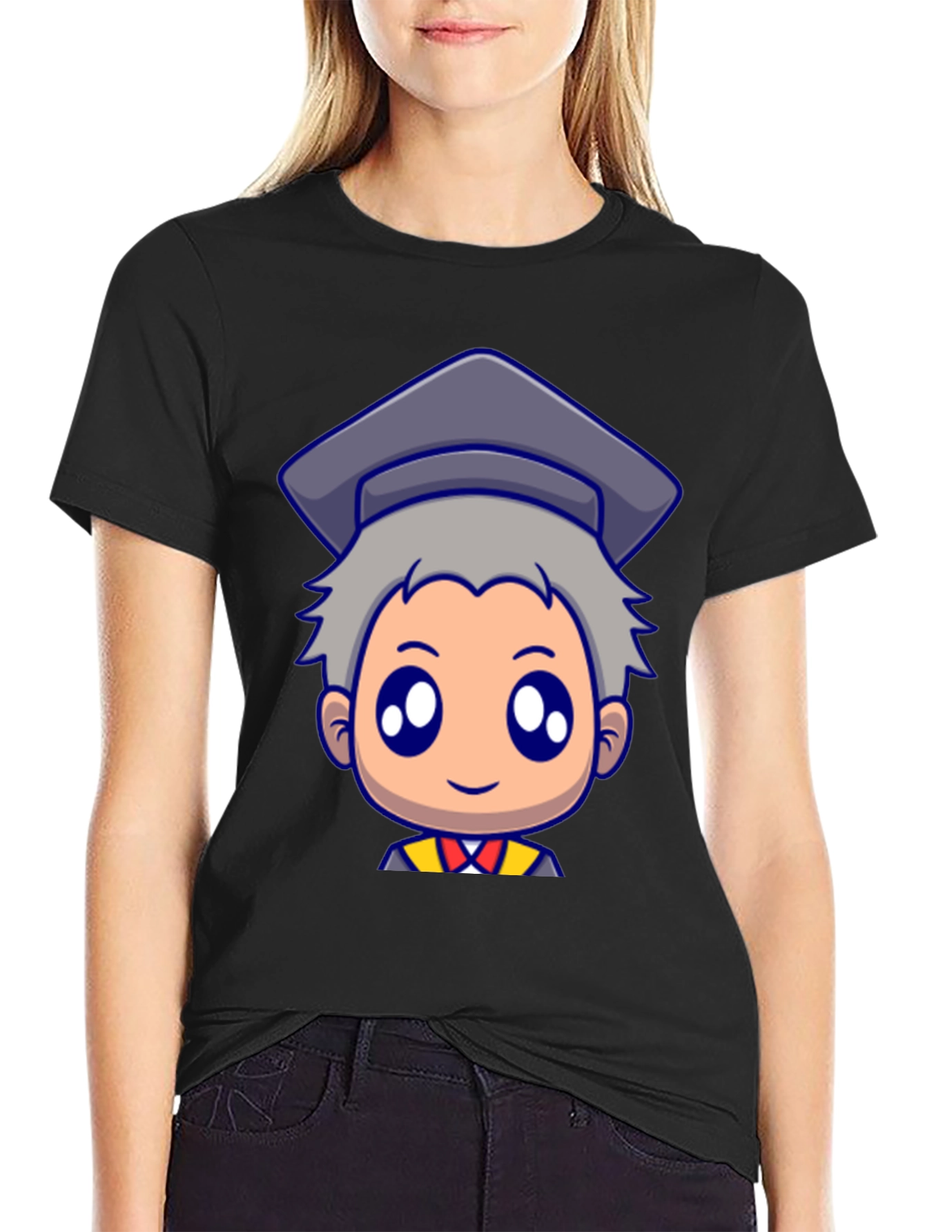 Graduation Cartoon Graphic Black T-Shirt
