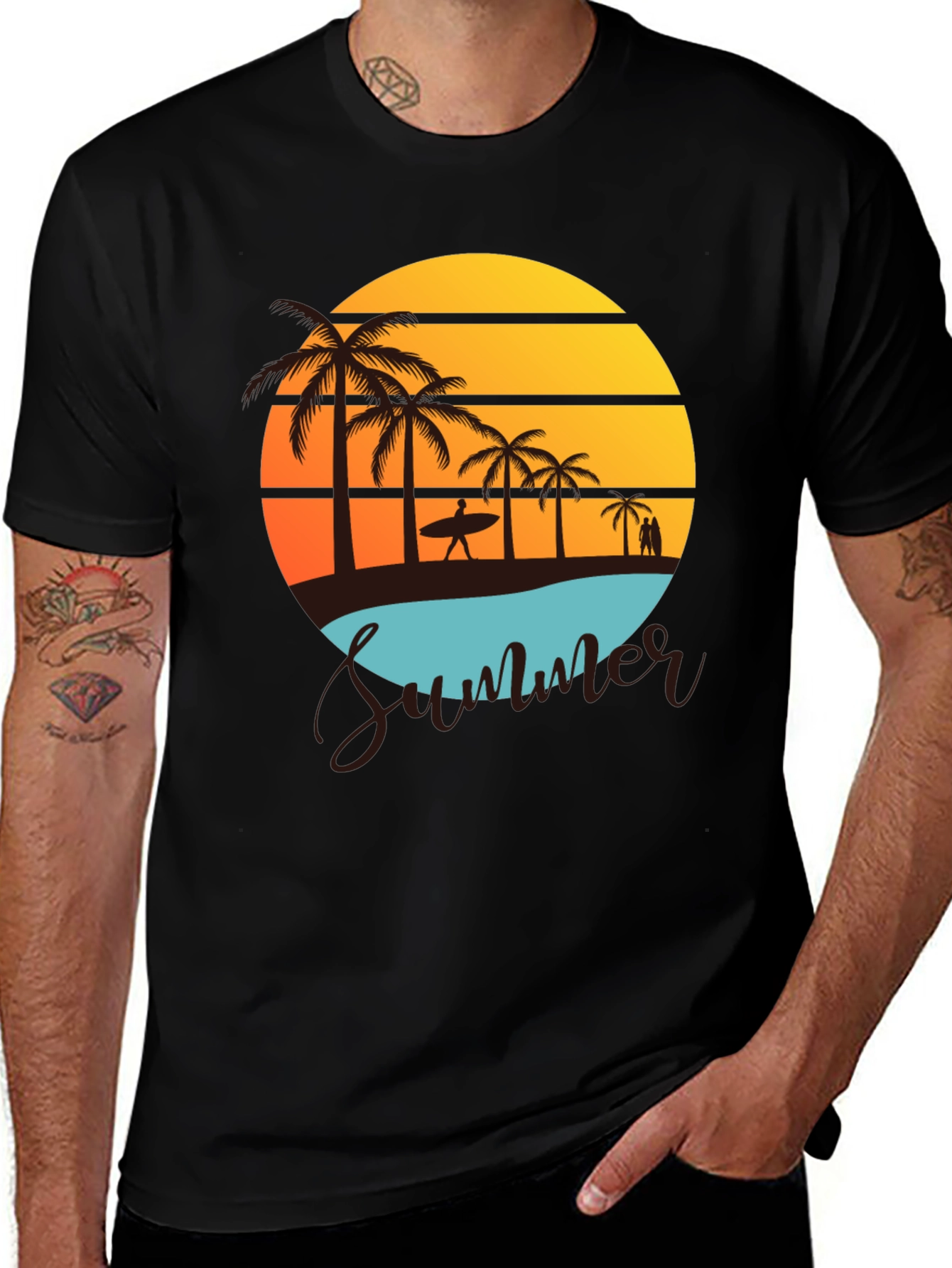 Summer Beach Graphic Tee - Palm Trees & Sunset