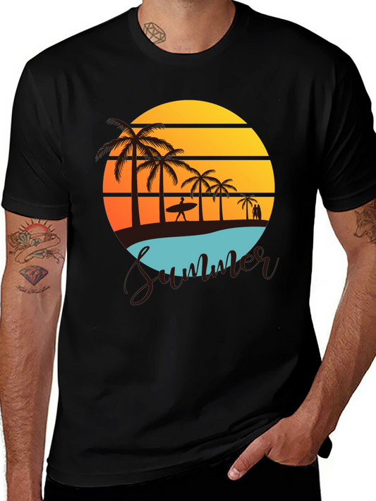 Summer Beach Graphic Tee - Palm Trees & Sunset