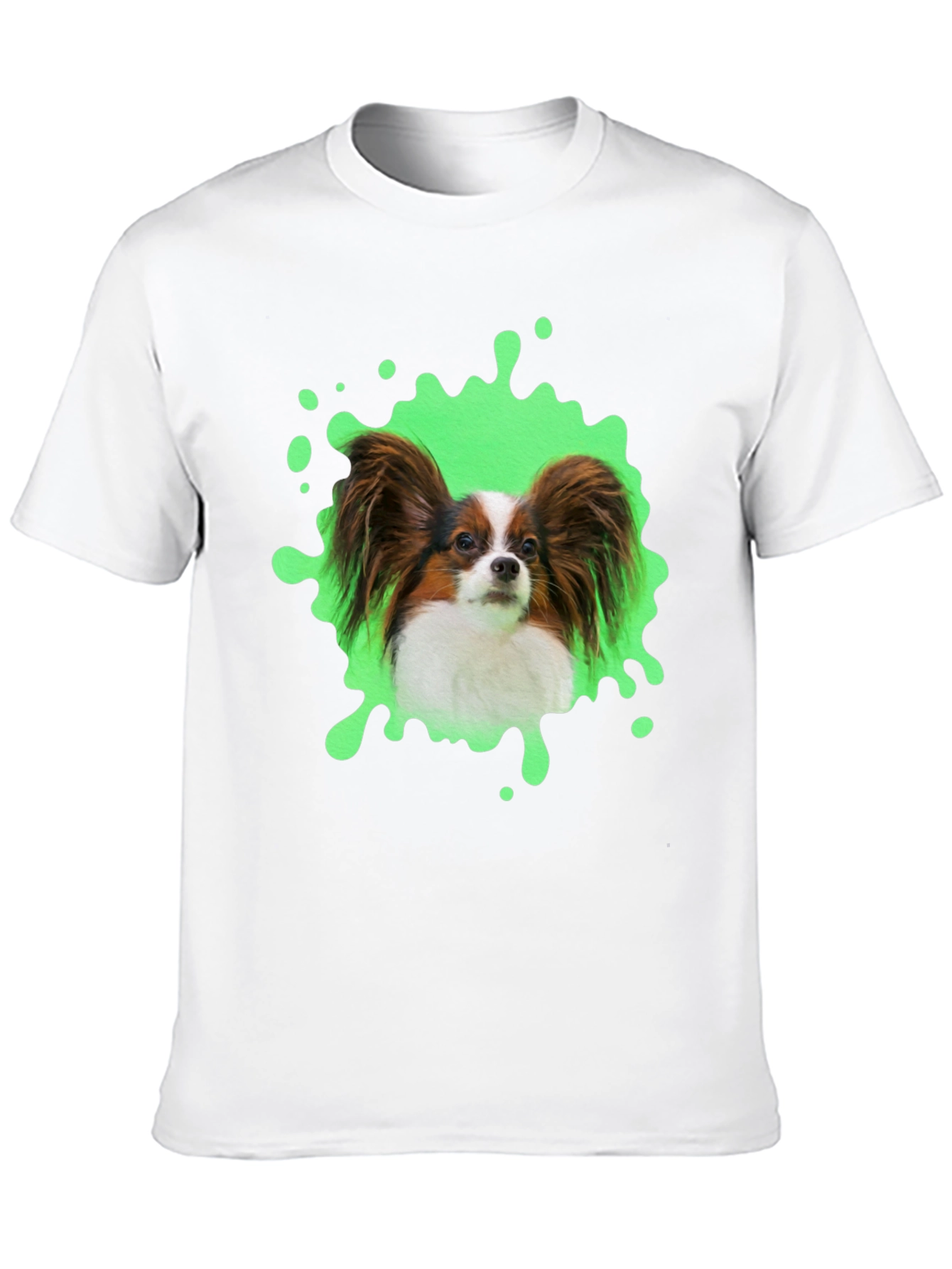 Papillon Dog T-Shirt: Funky Green Splatter Design